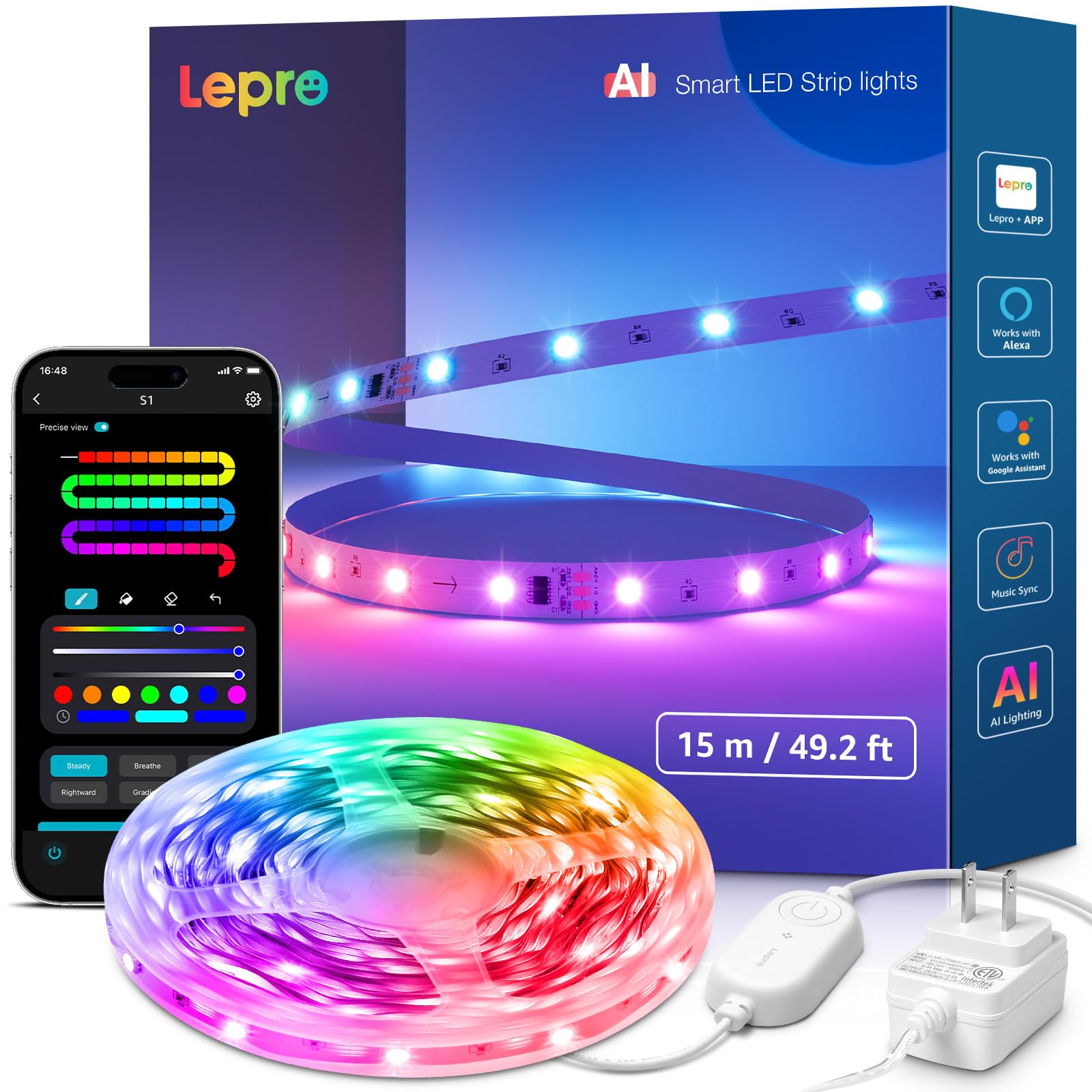 Lepro S1 AI LED Strip Lights for Bedroom - 50ft Smart RGB Light Strips with IC and Rainbow Chasing Effects, Color Segment DIY, A