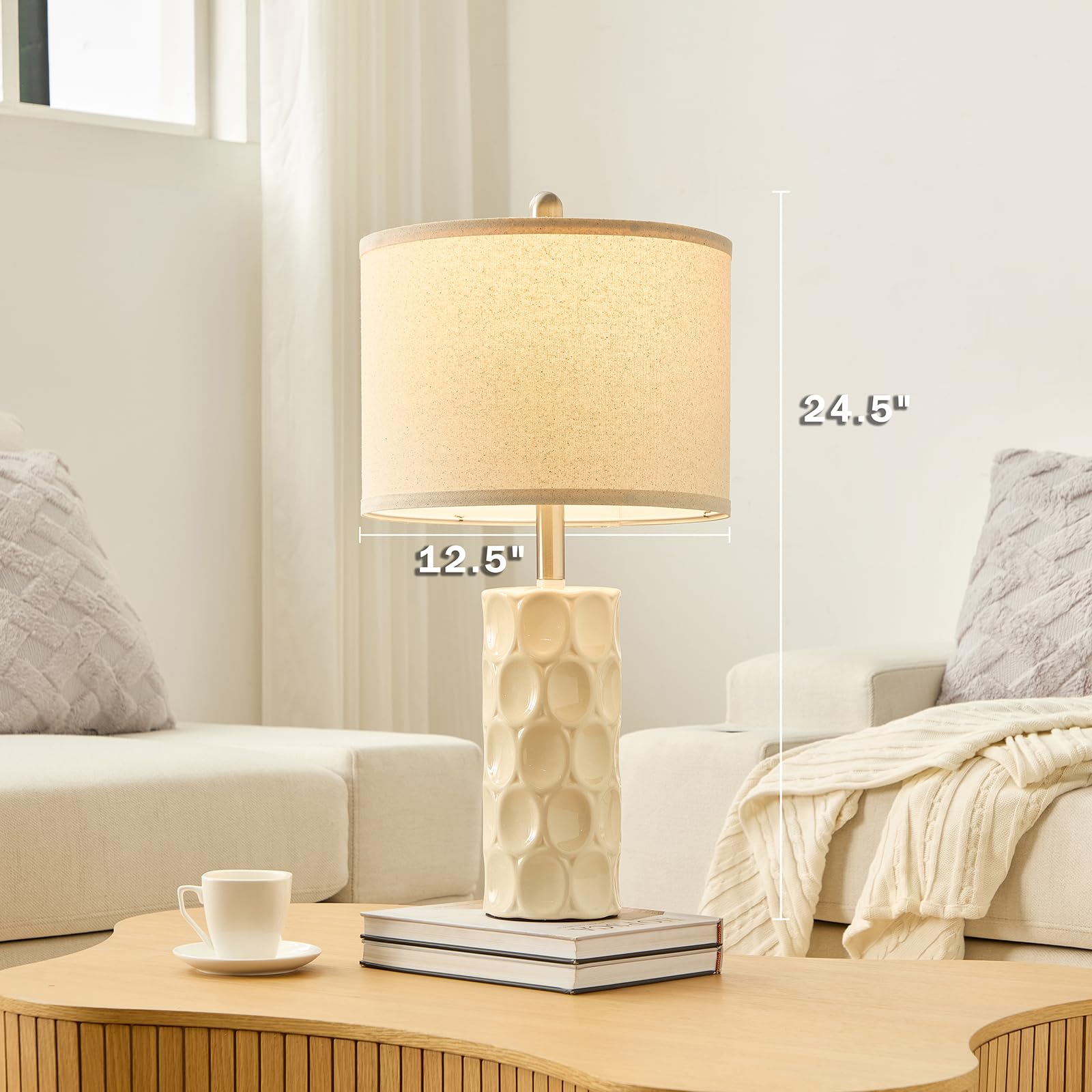 SAIWEYA 24" Ceramic Table Lamp Set of 2, 3 Color Dimmable, Rotary-Cream White, Modern Design for Bedroom and Living Room