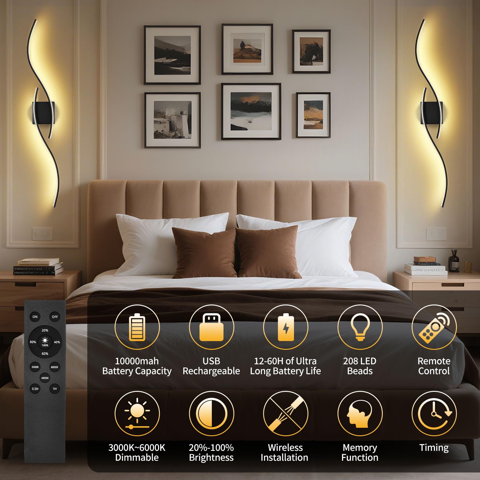 LUMLLSAJI Battery Operated Wall Sconces Set of 2, Dimmable 3000K-6000K, Metal, Black, Remote Control, Model 1