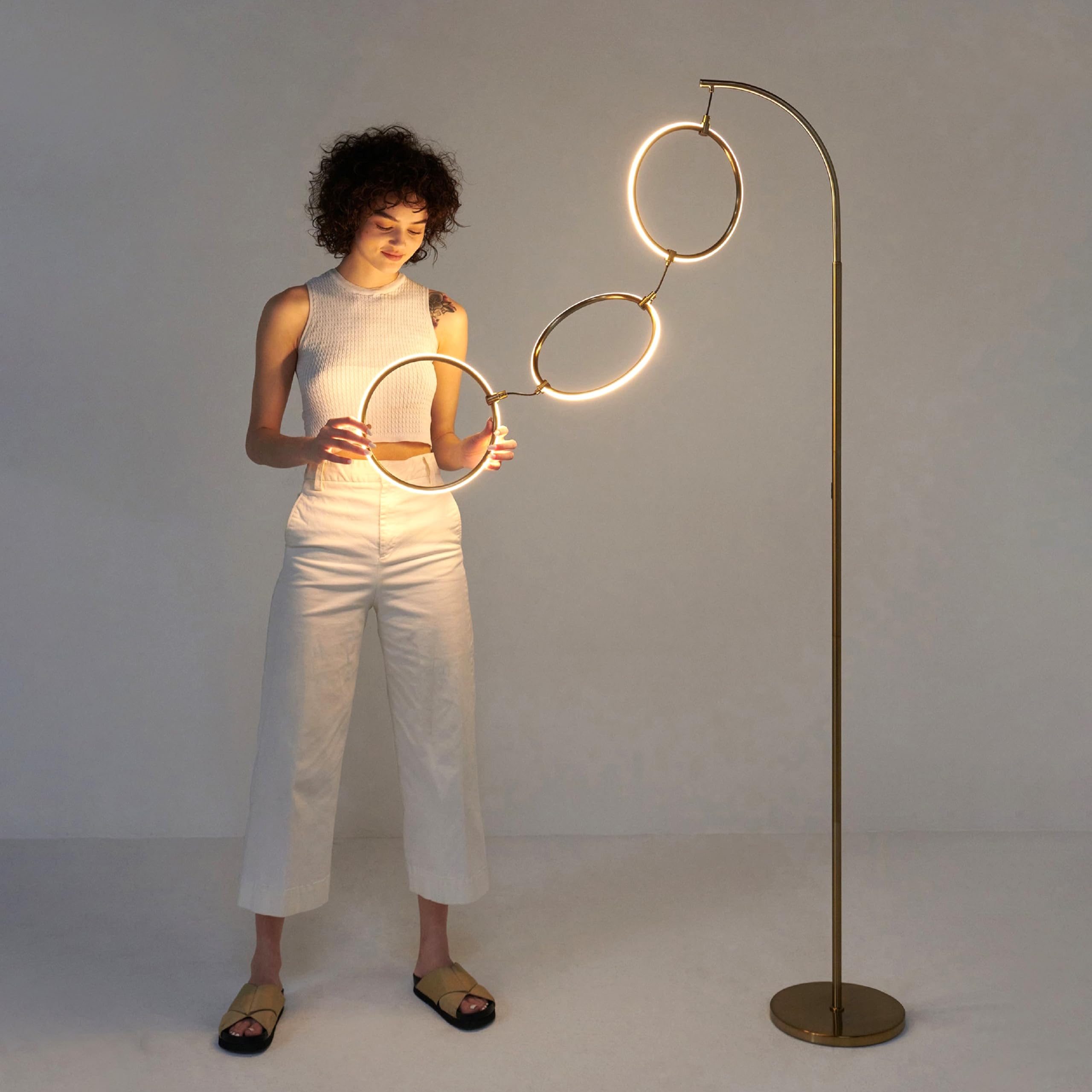 Brightech Nova Floor Lamp - Brass Arc Lamp with 3-Circle Pendant - Modern Design - Model FL-NVA-BRS