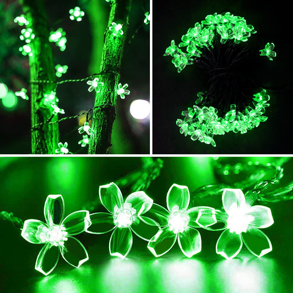 Iticdecor Solar Flower String Lights, 50 Led Green Waterproof Fairy Lights For Outdoor Garden, Patio, Fence, Spring Decor
