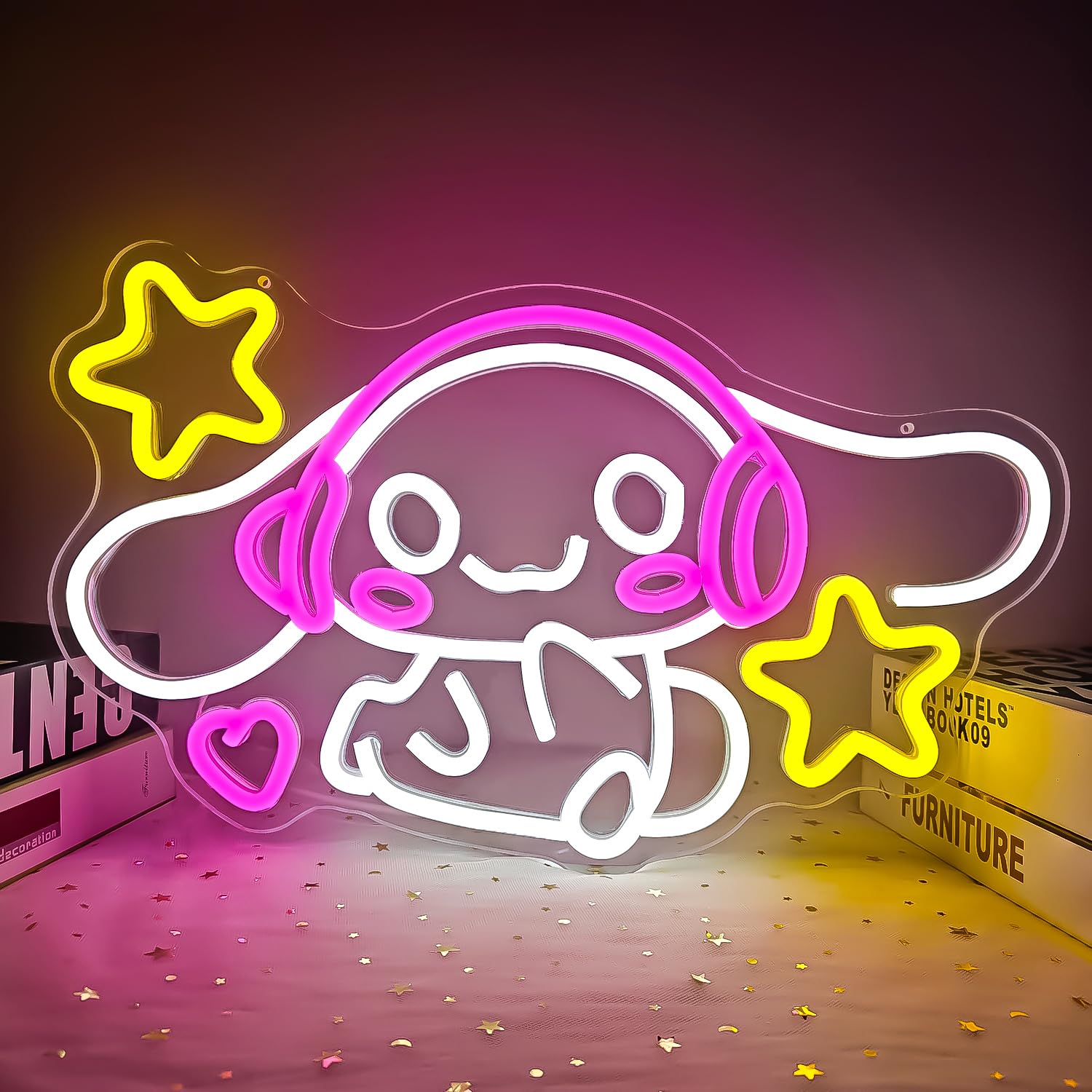 OvoNinn Anime Neon Sign - LED Wall Decor for Bedroom - 9inx15.7in Multicolor Acrylic - Model MusicBigEarDog
