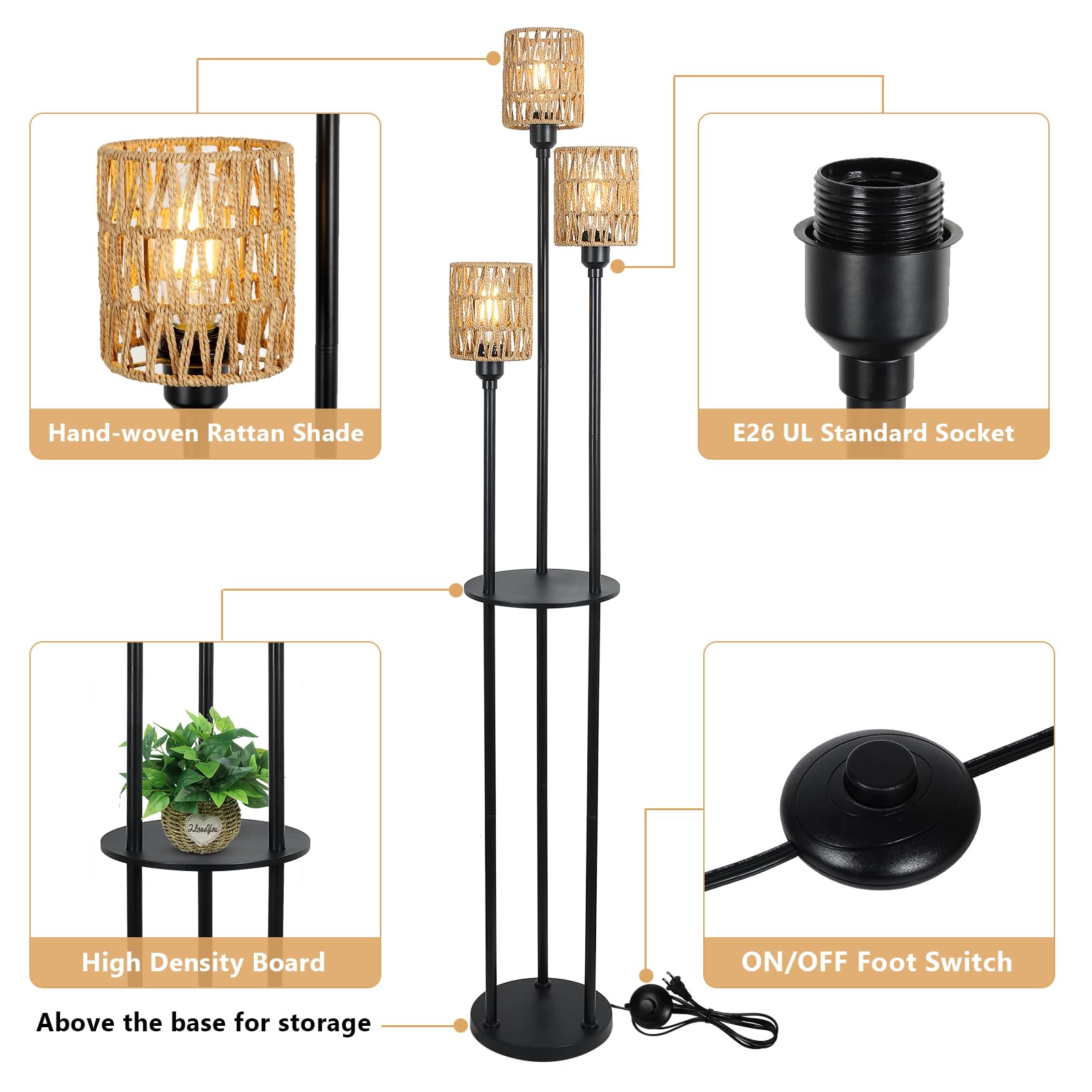 Stepeak Boho Floor Lamp - 3-Light Rustic Standing Lamp With Rattan Shades, Black - Model 221105A1 For Living Room, Bedroom, Office