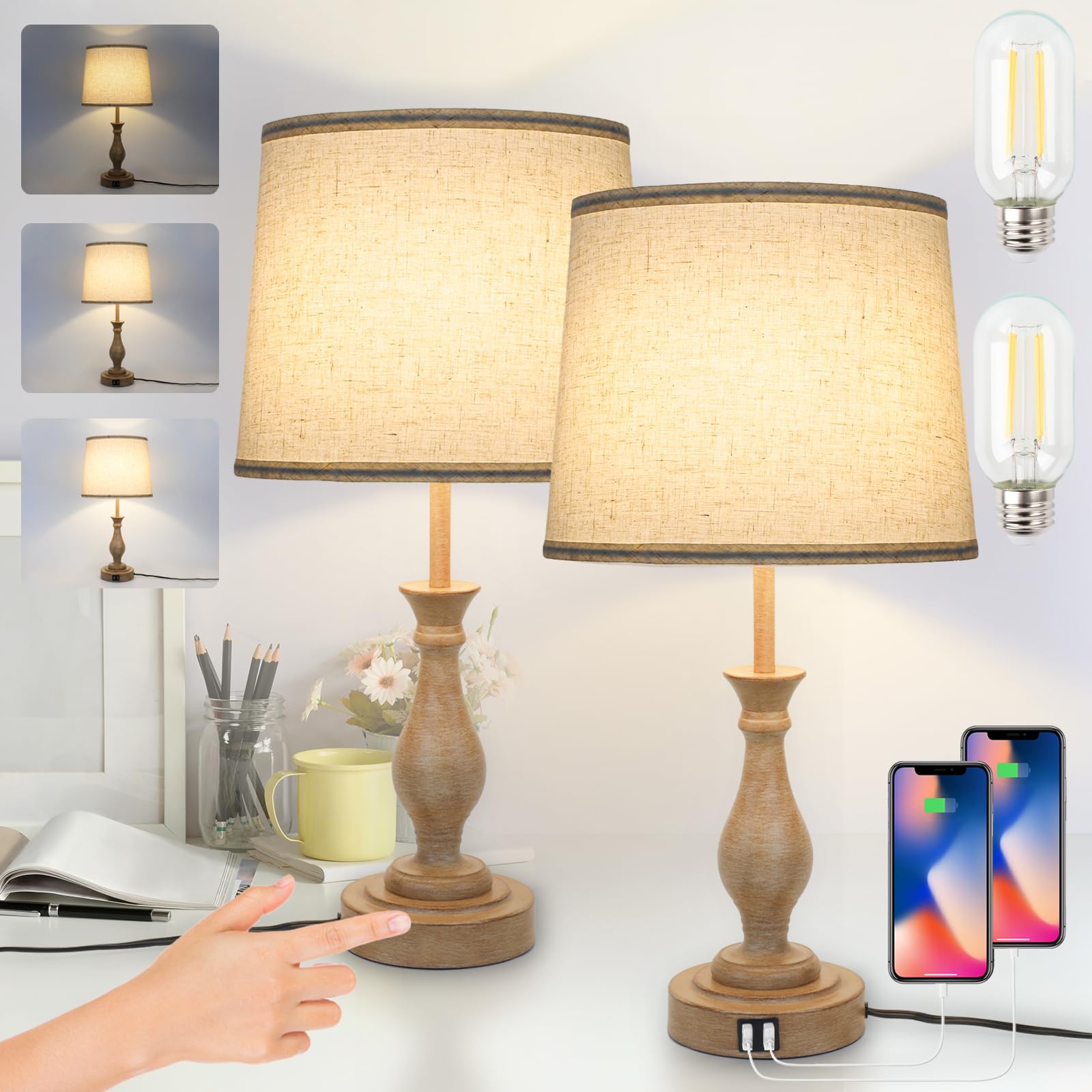 Touch Lamps for Bedrooms Set of 2, Farmhouse Table Lamp with Dual USB Charging Ports, 3 Way Dimmable Nightstand Lamps with Linen