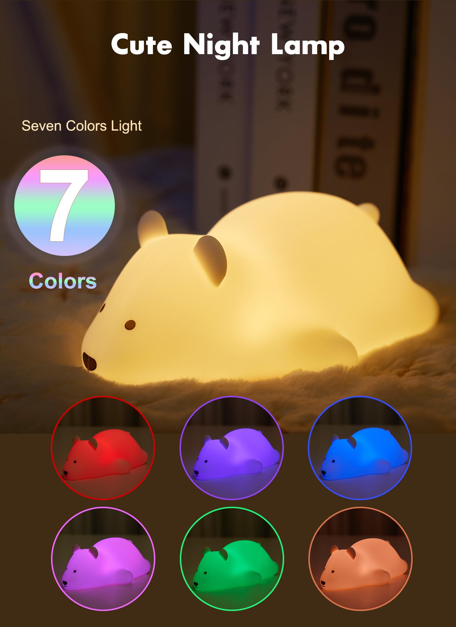 Minetom Kawaii Polar Bear Night Light For Kids, Cute Silicone Night Light With 2 Levels Brightness, 7 Colors Rechargeable Lamp For Bedroom, Girls And Boys, Toddler, Nursery, Baby Gifts, Tap Control