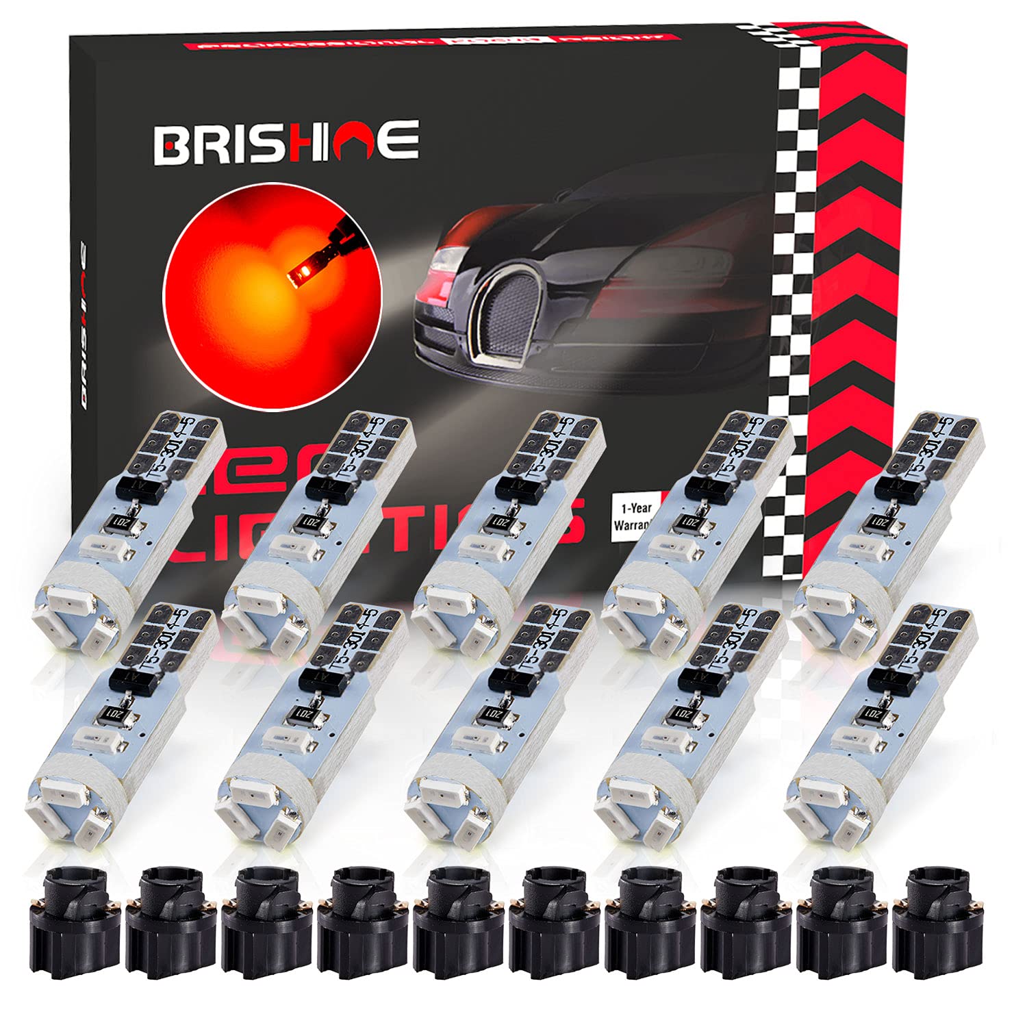 Brishine T5 37 74 2721 Led Bulbs, Brilliant Red, 12V, 0.42W/Bulb, 30000+ Hours Lifespan, 10 Pack