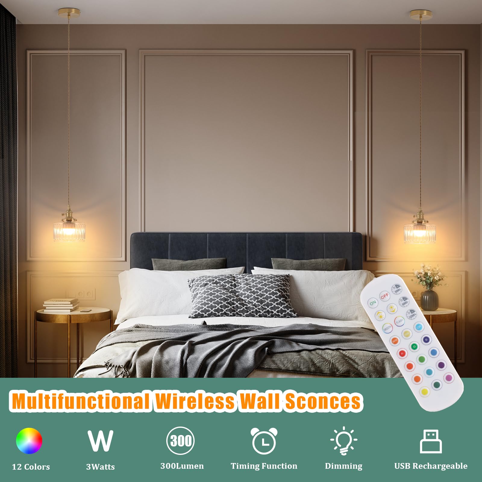 Shenmoyl Battery Operated Pendant Light, 5000mAh Rechargeable, Remote Control, 2 Pack, Z-Striped Clear Glass for Kitchen & Dining