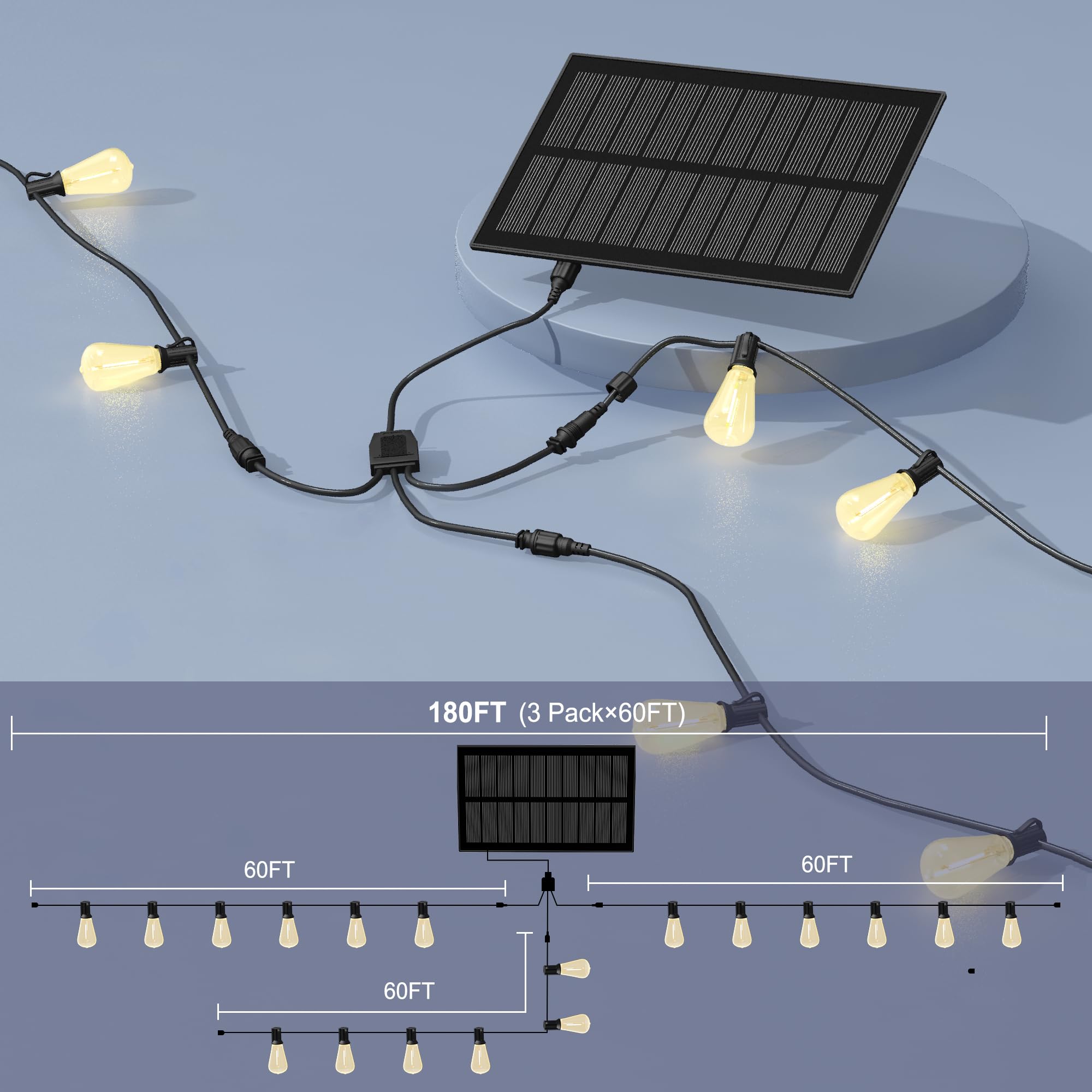 Stright Solar Powered String Lights 180FT, 45 Sockets, Remote Control, Weatherproof ST38 LED, Warm White, Model S245