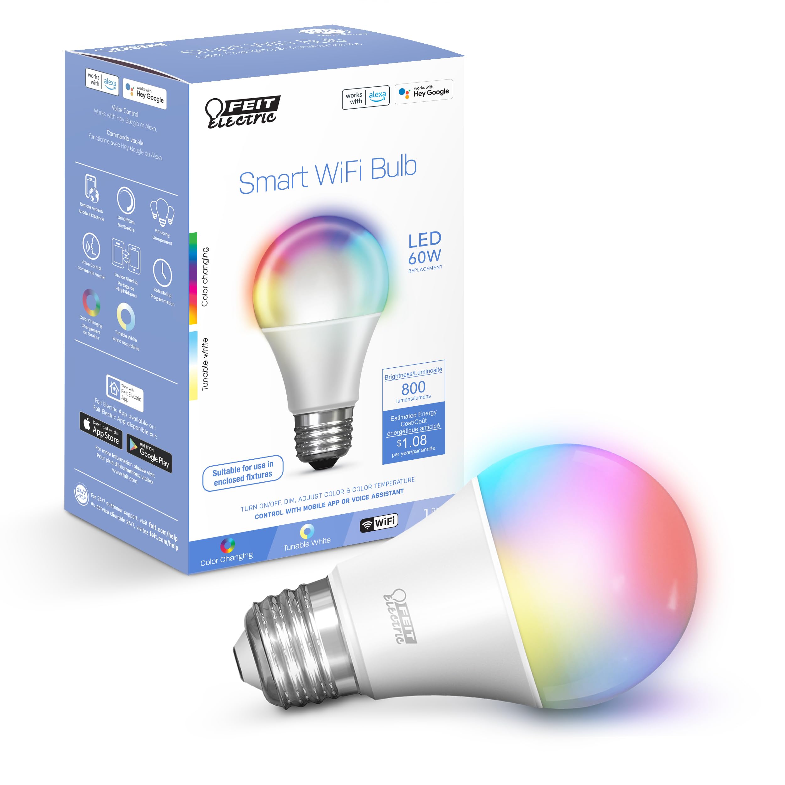 Feit Electric Om60/Rgbw/Ca/Ag Smart Wifi Color Changing And Dimmable  Alexa Or Google Assistant  No Hub Required A19 Led Light Bulb  60W