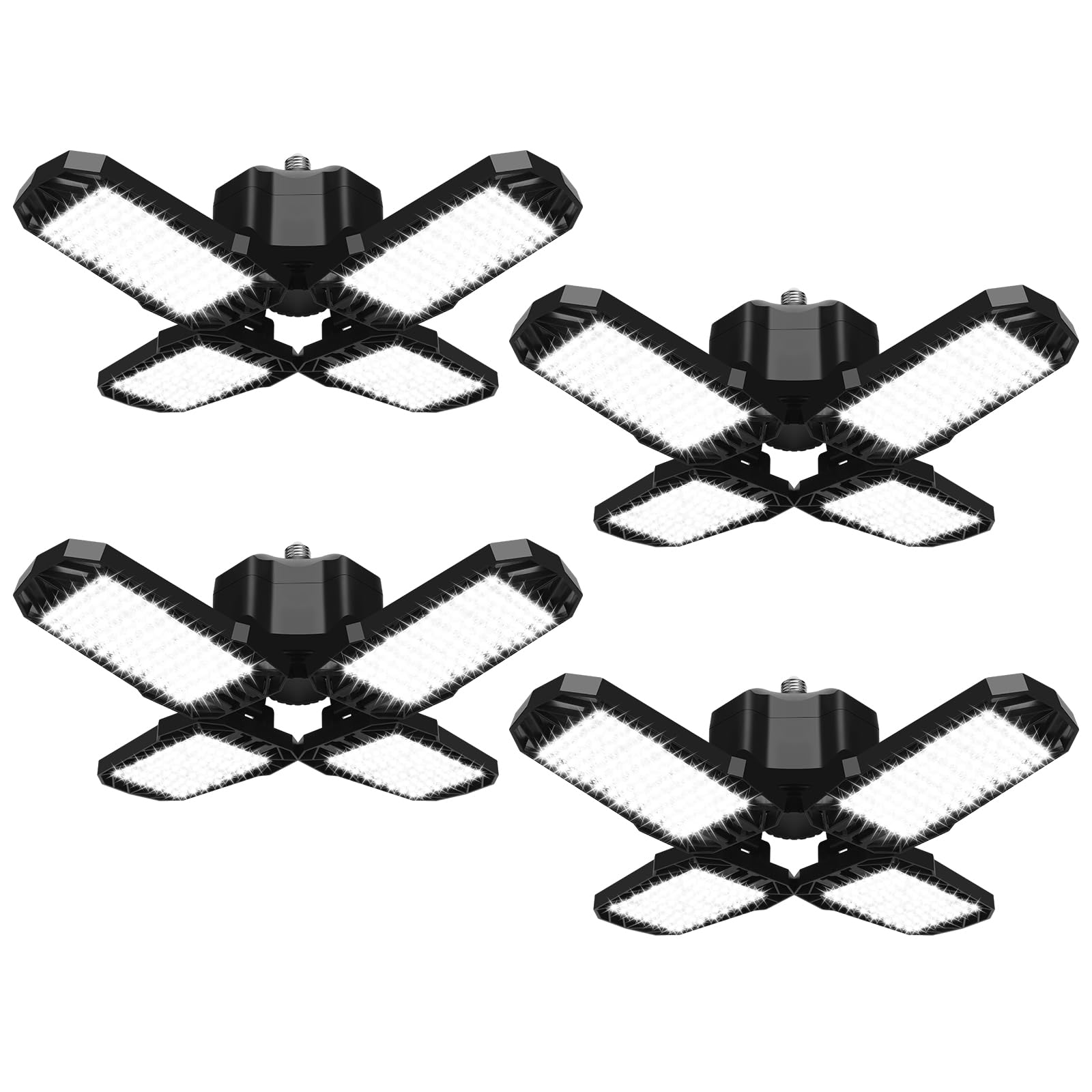 AUDLES 4 Pack LED Garage Light, 150W 15000LM, E26/E27 Socket, Deformable Panels, White/Black