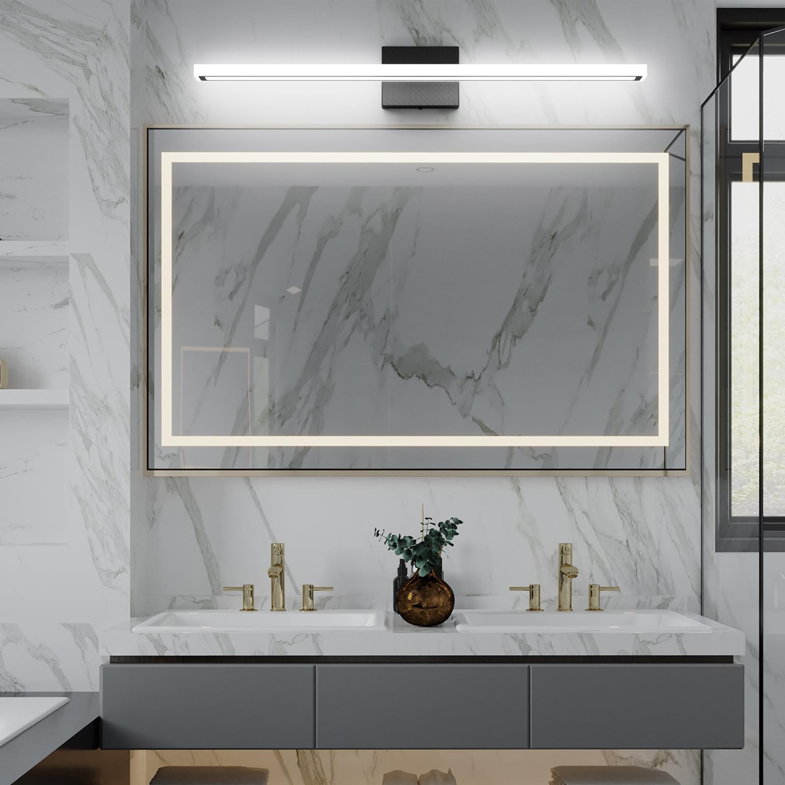lundwa 31.5in Black LED Bathroom Vanity Light Bar, 24W Modern Fixture, Cool White 6000K, Model JS6181, Stainless Steel