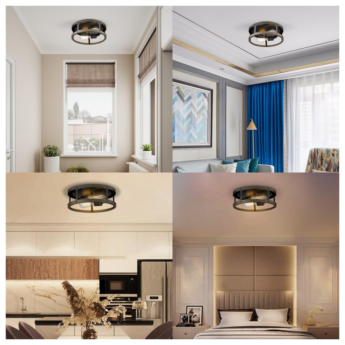 Eapudun Farmhouse 2-Light Flush Mount Ceiling Light, Matte Black & Wood, Retro Design