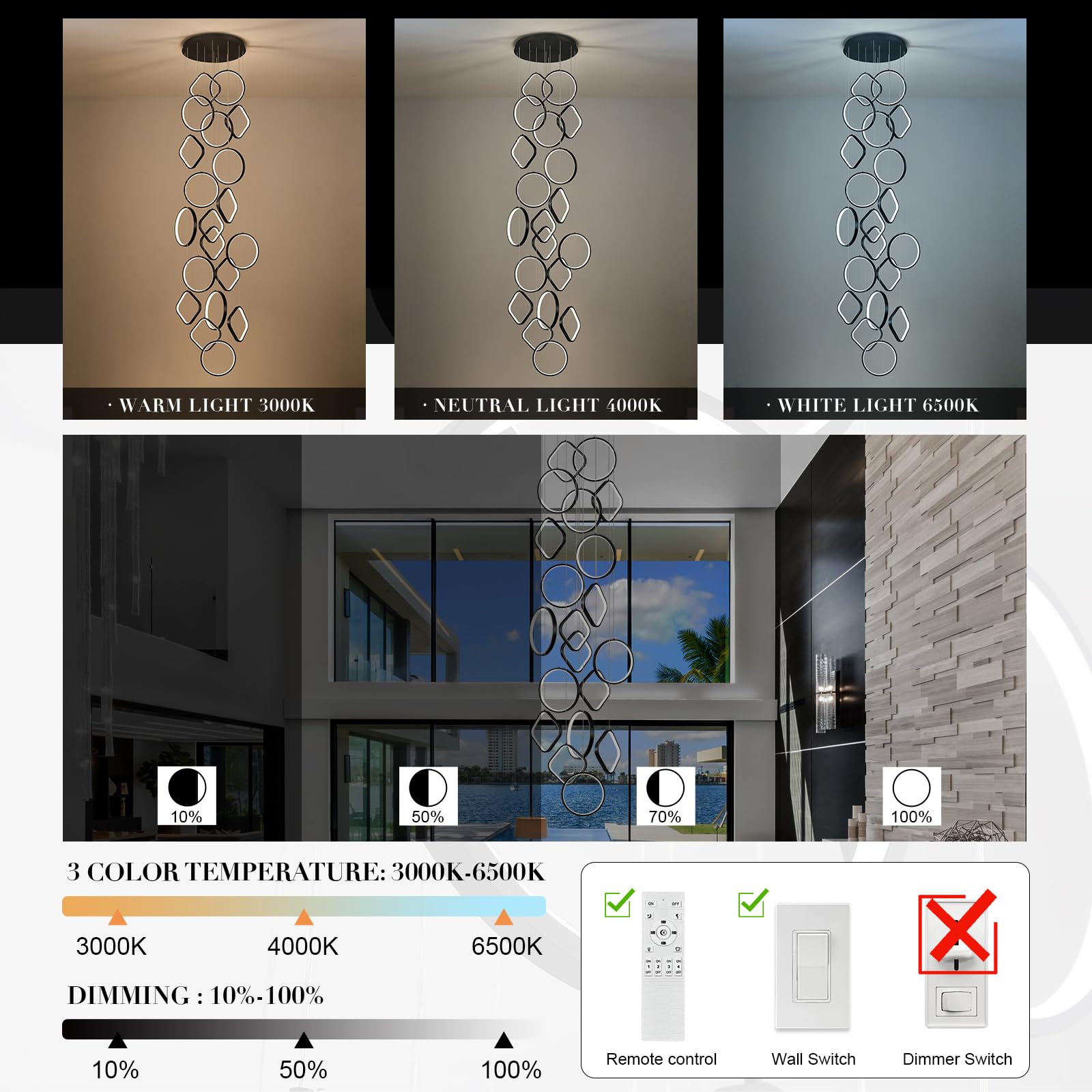 AIRYPHANT Modern LED Chandelier 20-Light Dimmable Aluminum Black P2001-20BDC1