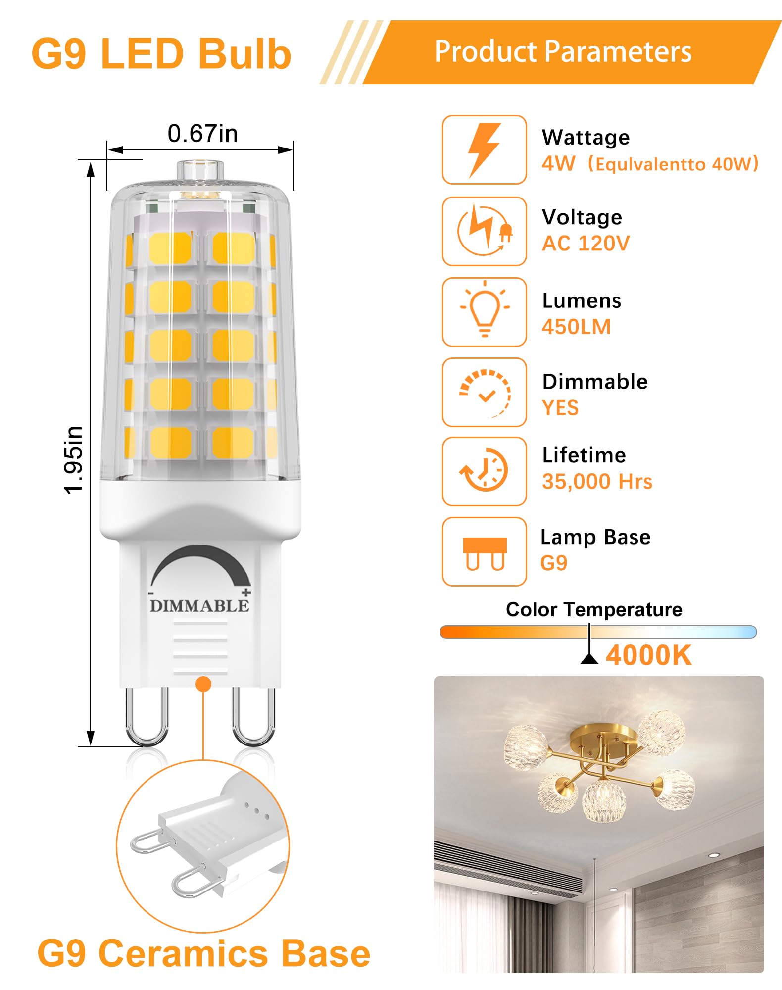 Gohdlamp 10 Pack G9 Led Bulb Dimmable, 40 Watt Equivalent T4 Chandelier Light Bulbs, 4W 4000K Neutral White 450 Lumen, Ceramic B