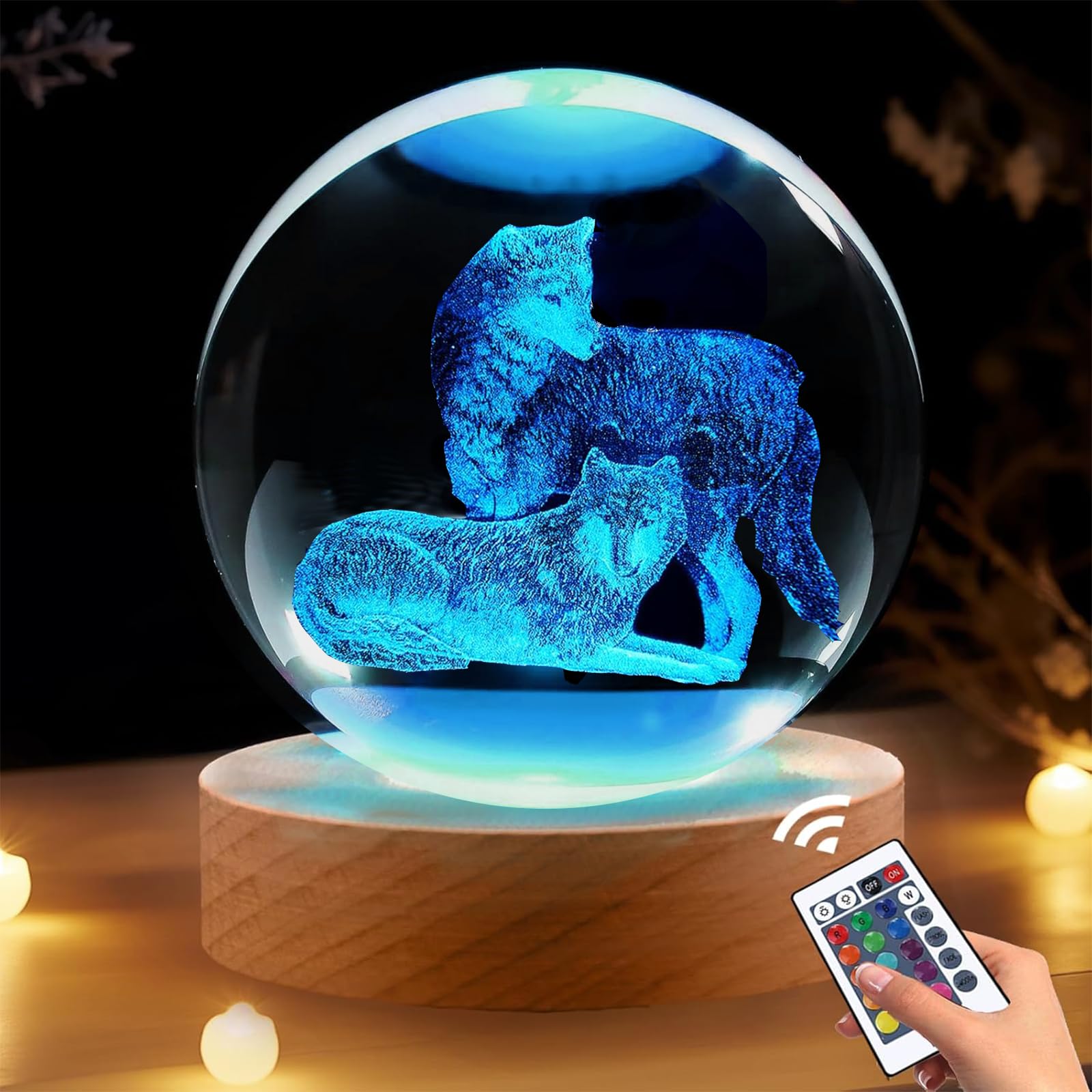 Shellvcase Wolf Gifts, 3.15in 3D Wolf Figurine Crystal Ball Lamp with Remote Control, Wolves Light, Wolf Decor for Bedroom, Wolf