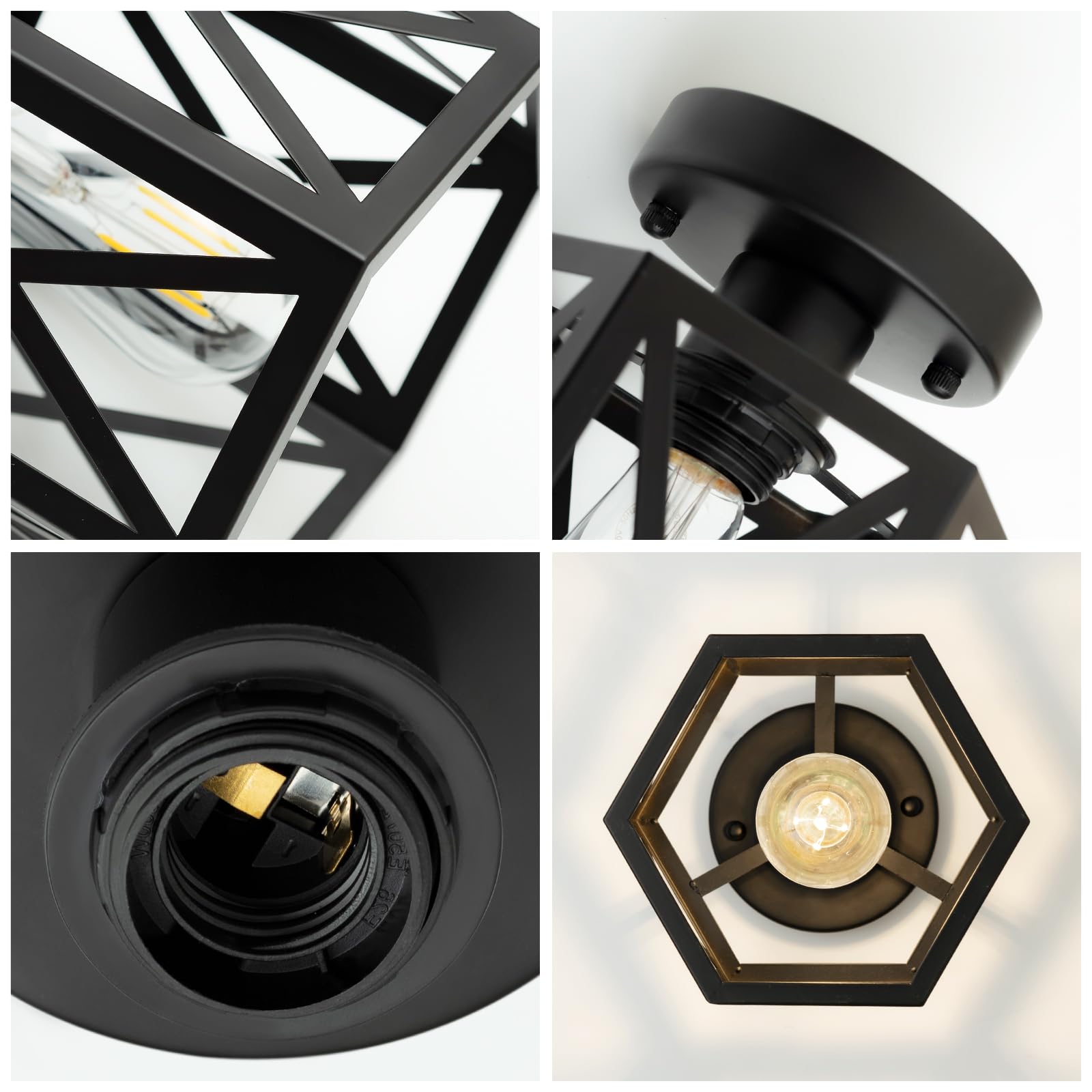 Oteedo Modern Semi Flush Mount Ceiling Light 1-Light Hexagon Flush Mount Ceiling Lights For Dining Room Light Fixture Farmhouse Black Metal Kitchen Island Lighting Fixtures For Hallway Bathroom
