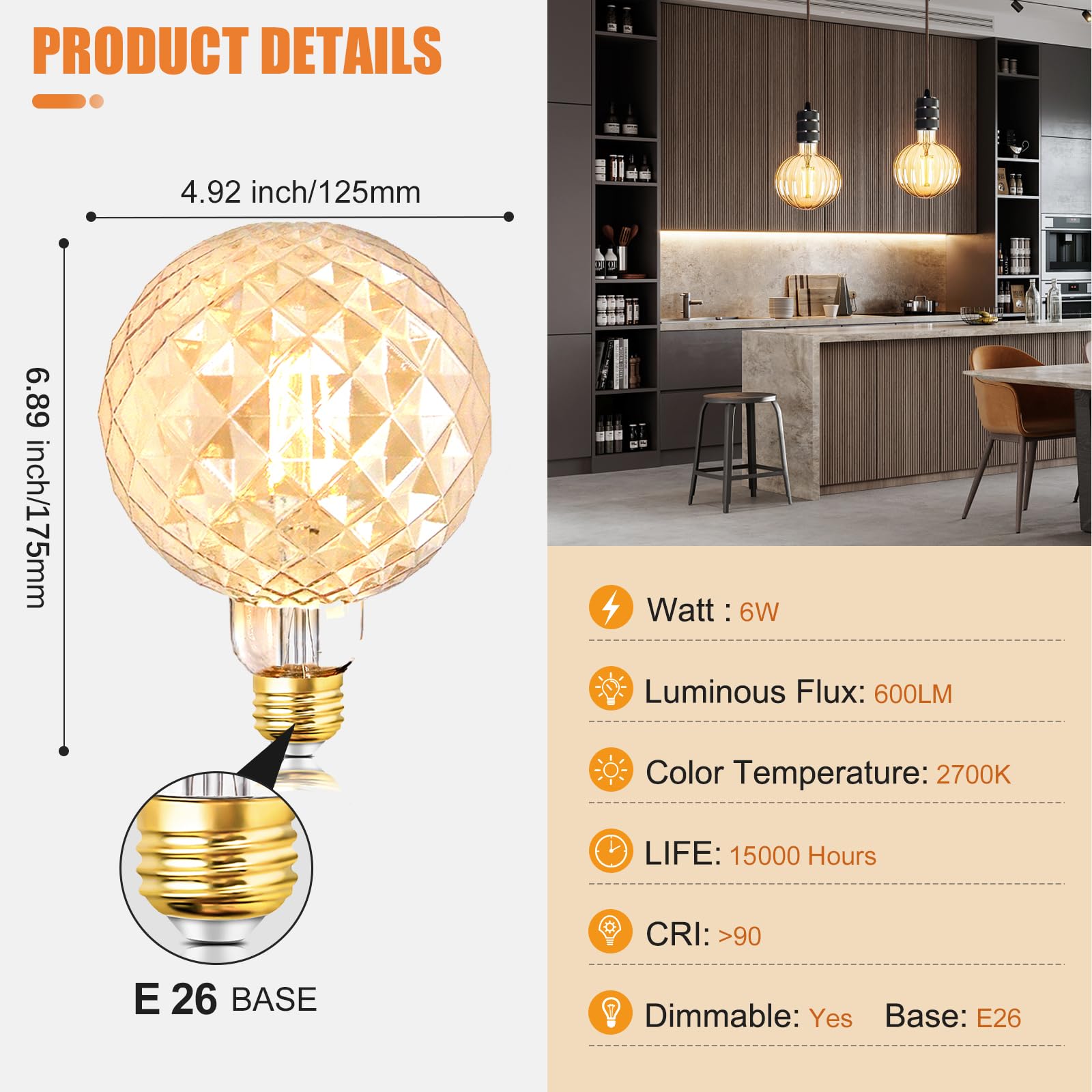 SD LUX Vintage LED Edison Bulb 6W Dimmable G40 Globe Soft White 2700K Medium Base E26 Model 125BL, 1 Pack