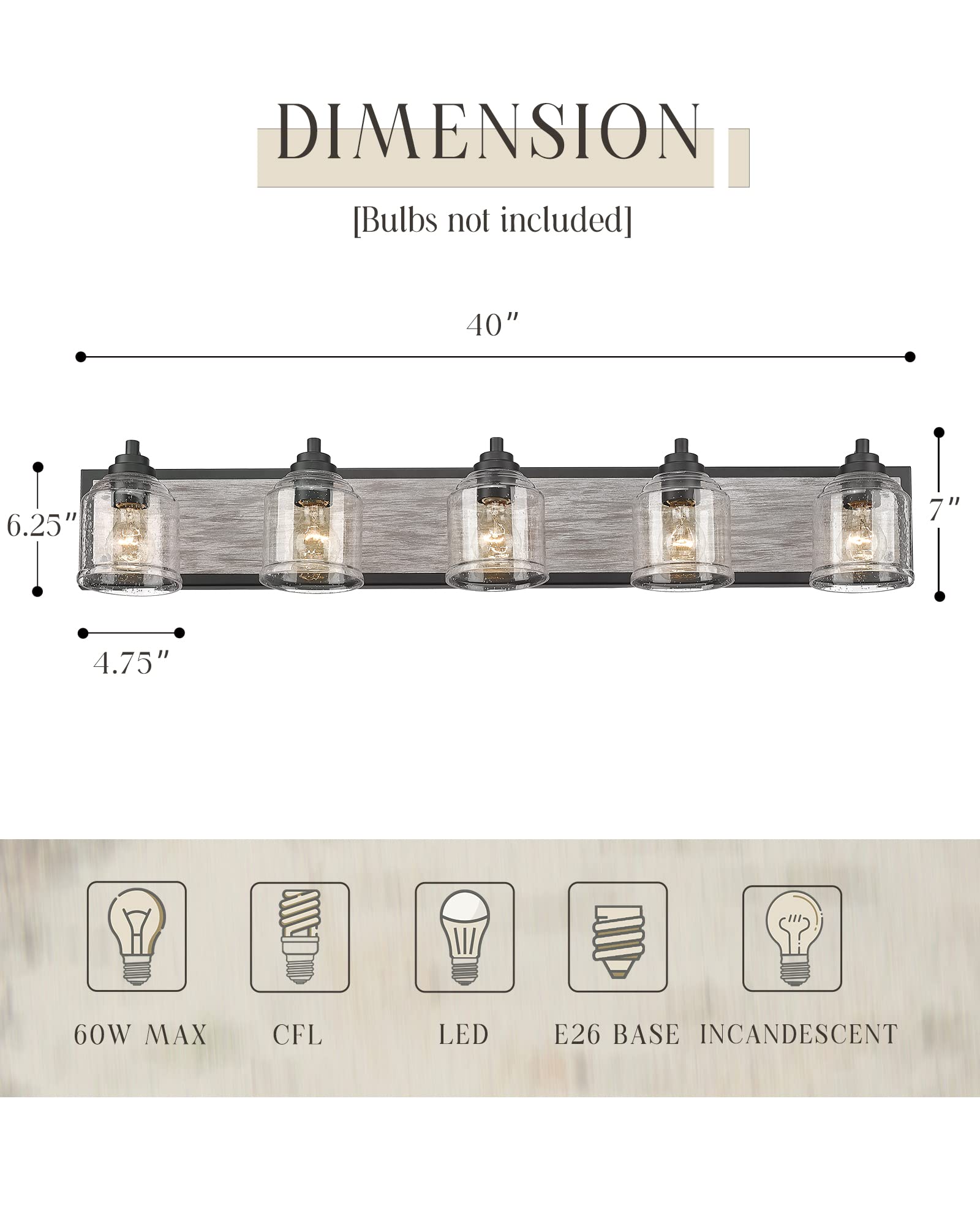 40" Large Farmhouse Bathroom Vanity Light,Handmade Grey Wood Vanity Light With Bubble Glass Shades,5-Light Rustic Wall Sconce Lighting Fixtures Over Mirror, Bd005-5-Bk