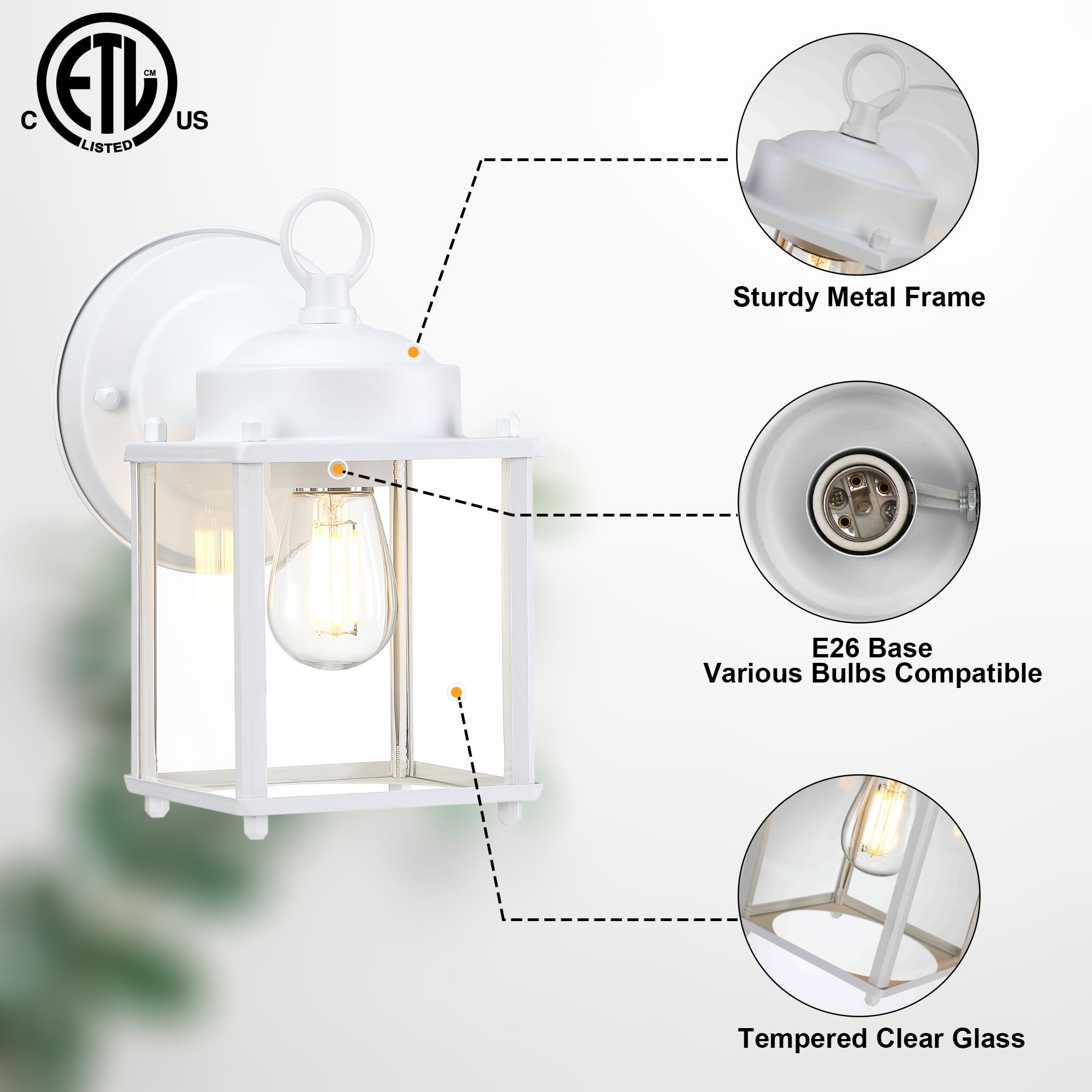Gruenlich Outdoor Wall Sconce  Exterior Wall Lighting Fixtures With Clear Glass  Front Porch Lighting  Anti-Rust Outside Lights For Patio  Doorway  White  2 Pack