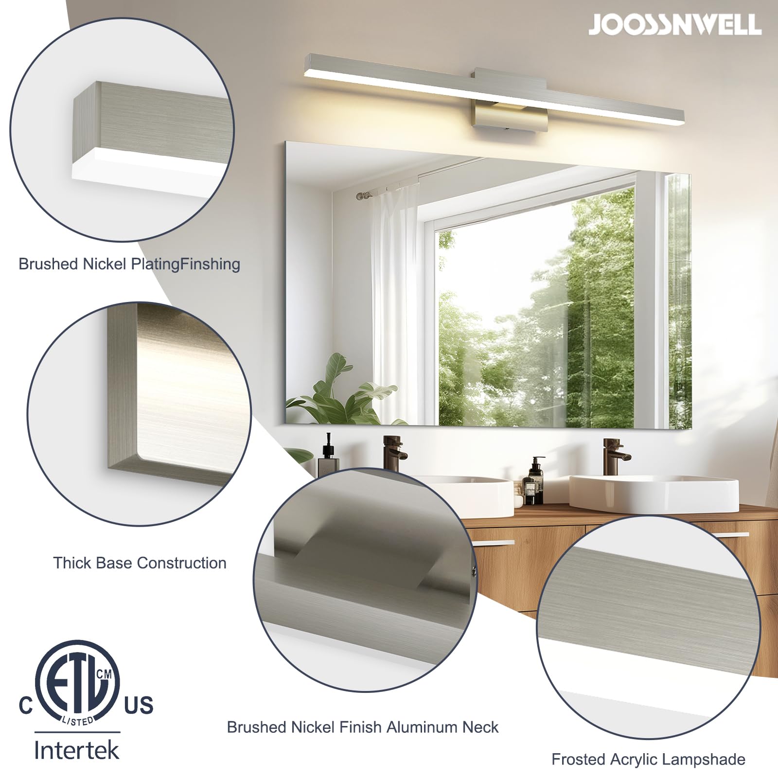 Joossnwell Brushed Nickel LED Vanity Light Bar 39.37" Dimmable 5CCT Acrylic Bath Fixture Model 7560-18W-SN-5CCT