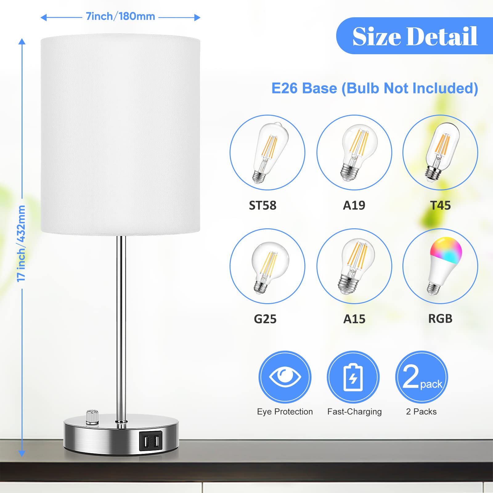 Set Of 2 Table Lamps With Usb Ports, White Bedside Lamps With Ac Outlet, Modern Nightstand Lamps With Rotary Switch, Minimalist