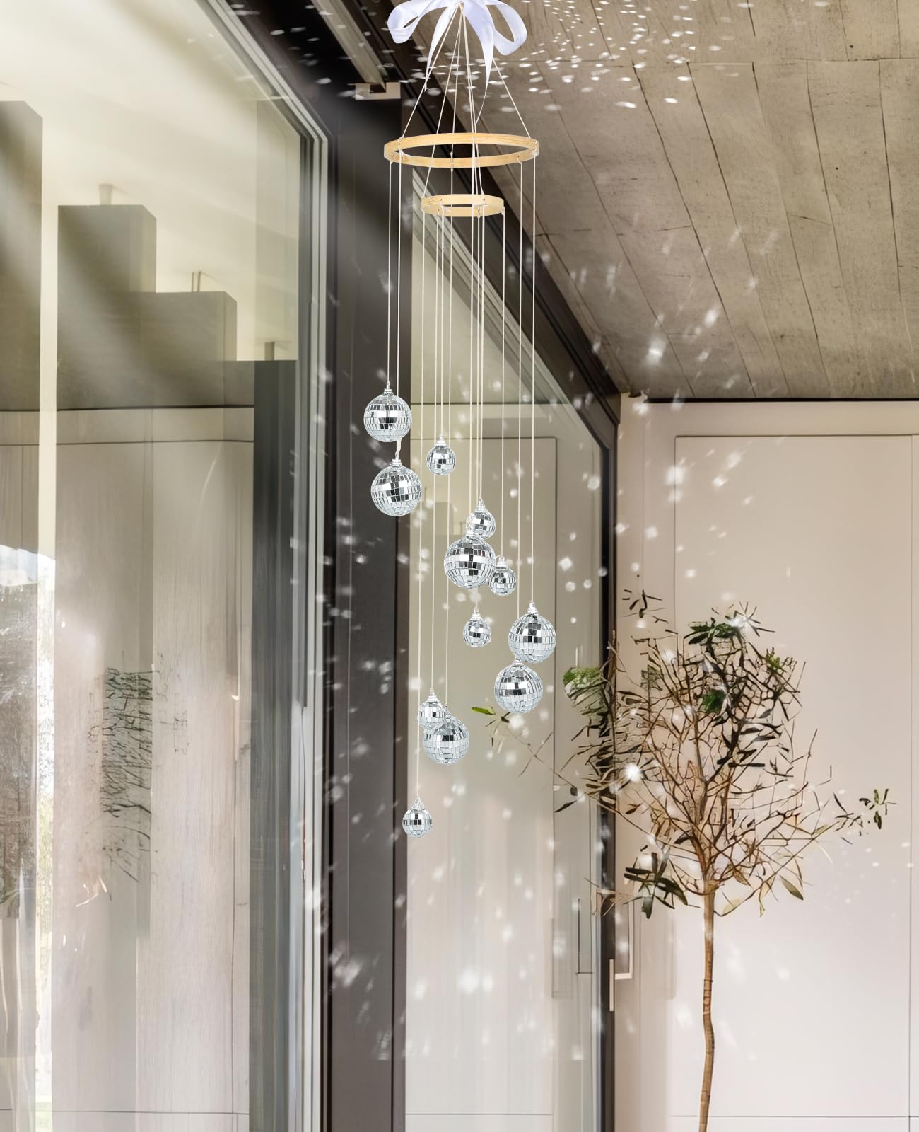 AceList Disco Ball Decor Sun Catcher, Handmade 35 Inch Double-Spiral, 12 Balls, Indoor Use, Big Ball, Model GZ-HM020SV-FBA