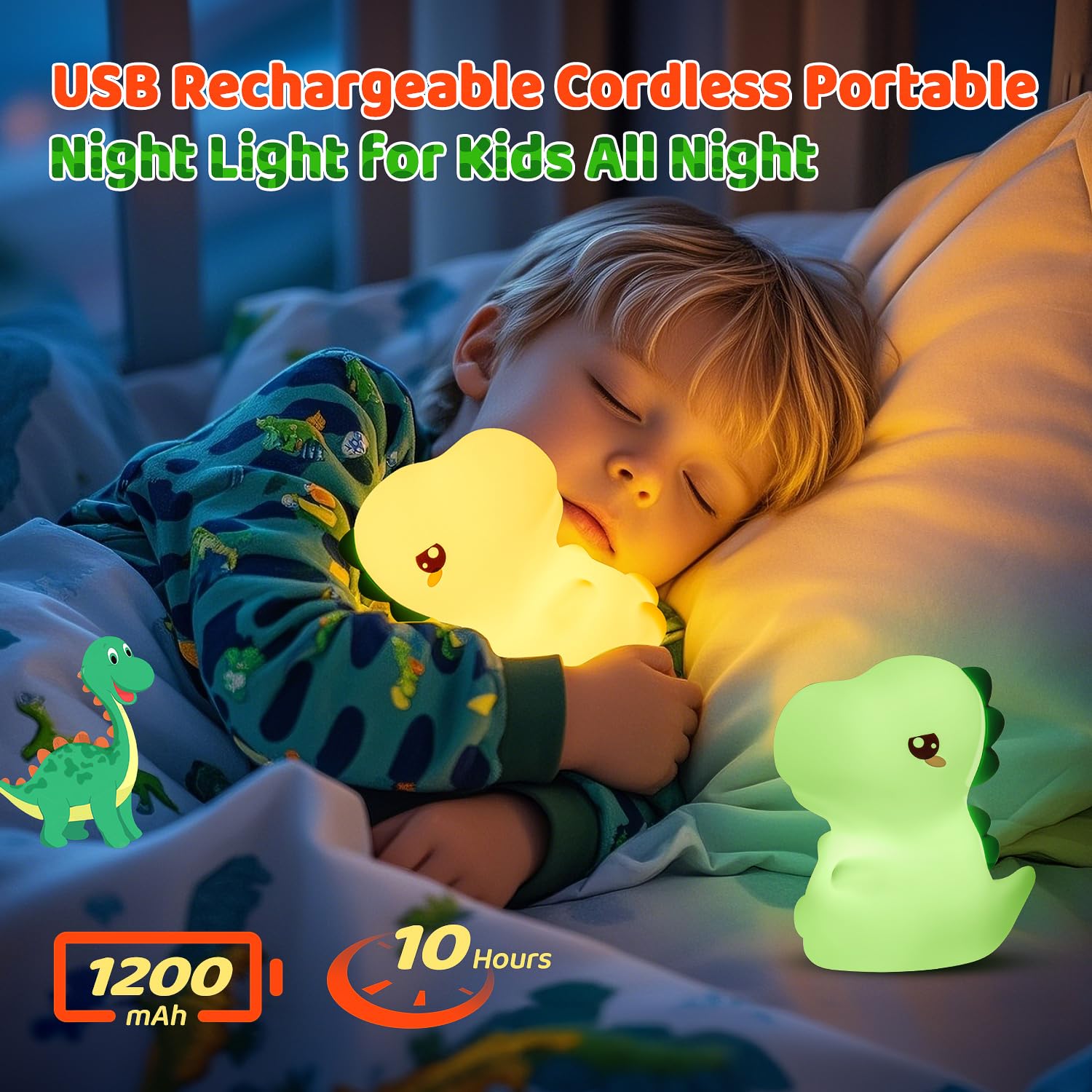One Fire Dinosaur Night Light - 16 Color Changing Silicone Lamp for Kids Room, Portable Baby Nightlight, Dino Design