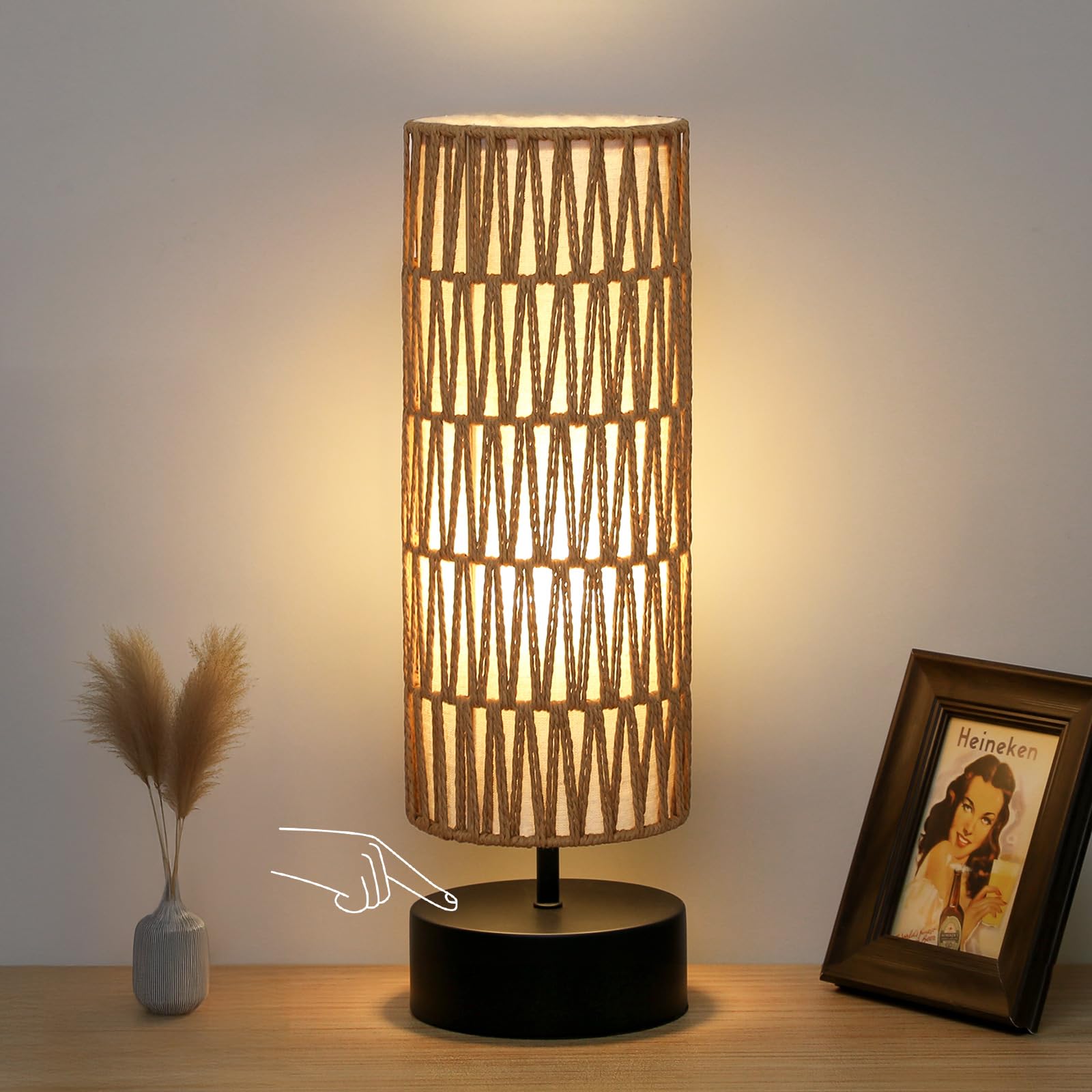 Rattan Table Lamp, Touch Control Bedside Table Lamp with Black Base, 3 Way Dimmable Nightstand Lamp with Dual-Layer Shade, Boho 