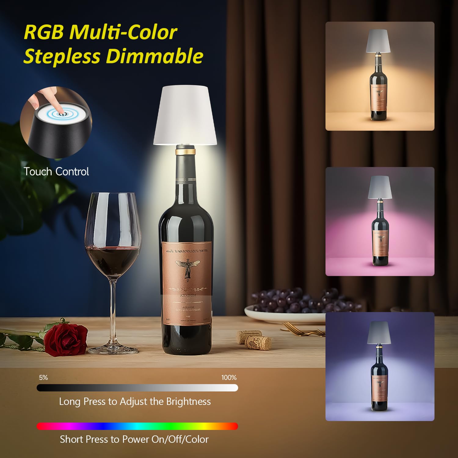 Hoide Wireless Bottle Lamp, Wine Bottle Lights with Touch Dimming