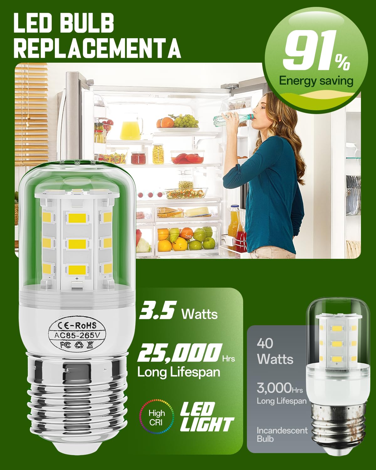 BOGDA LED Refrigerator Bulb 5304511738, 3.5W E27 White Light, 2-Pack Replacement for Frigidaire Kenmore Refrigerators