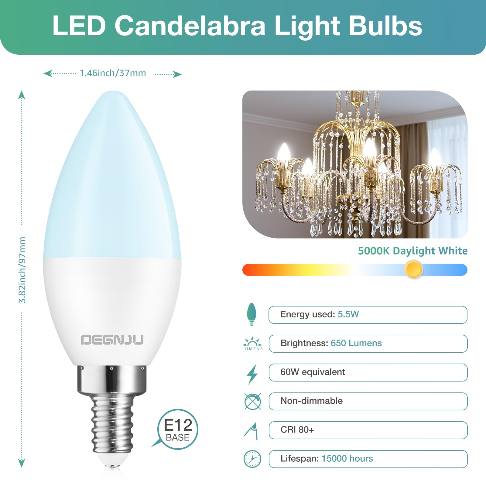 Degnju 40 Pack Chandelier Light Bulbs 60 Watt Equivalent, Candelabra Led Light Bulbs, E12 Led Bulb Daylight 5000K, Type B Light