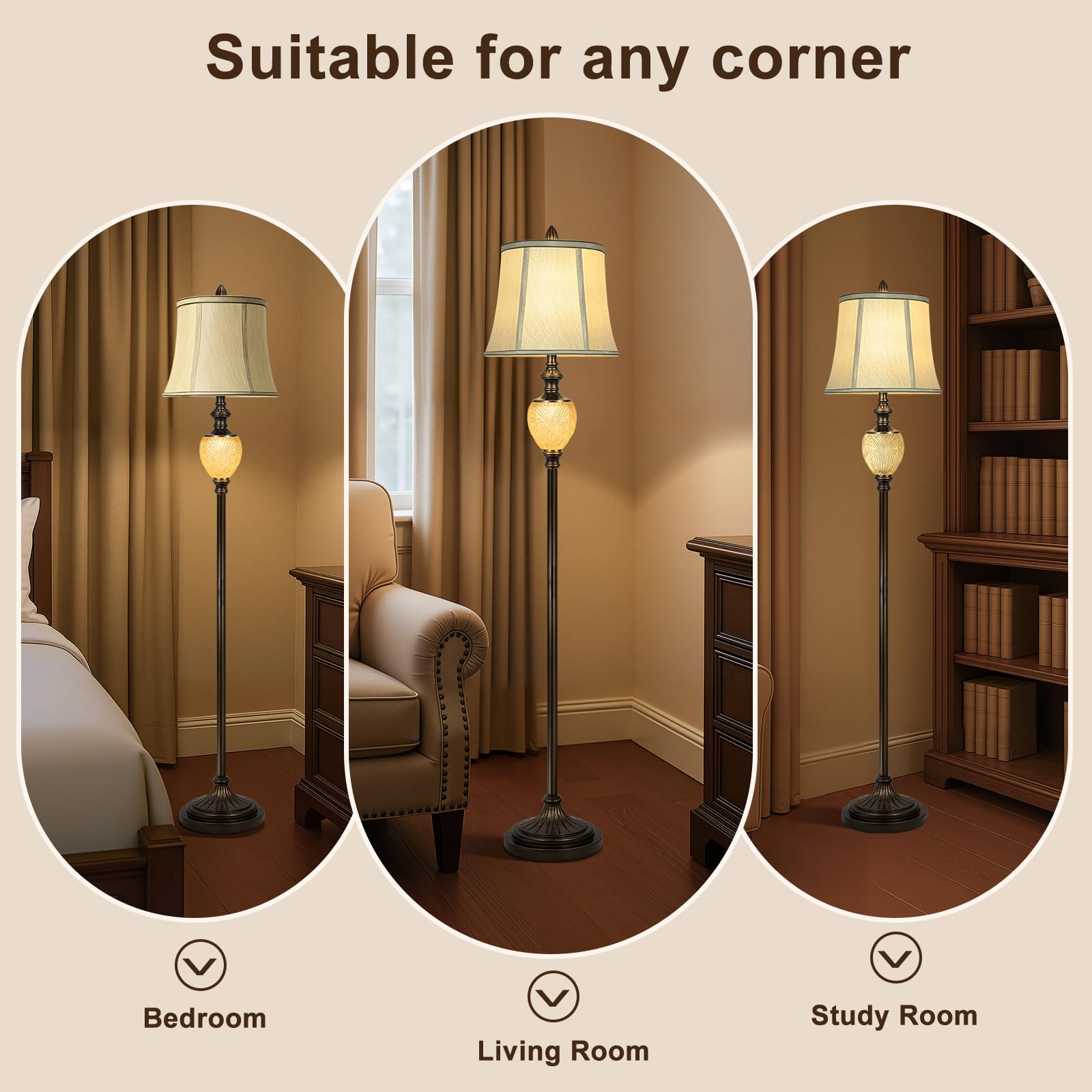 LuxSight Vintage Floor Lamp - 64" Tall Dark Bronze with Beige Faux Silk Shade & Nightlight - Farmhouse Design, Model PL8018-FLNO