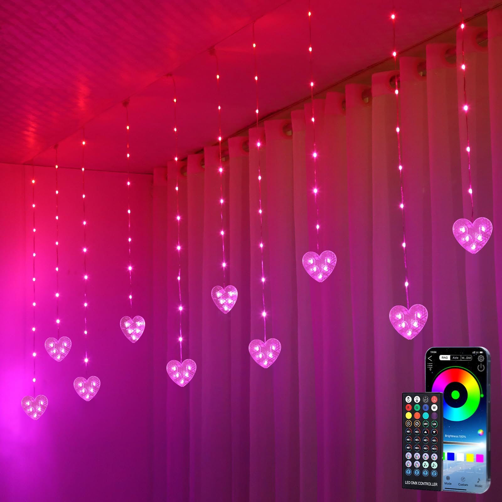 KepStars Heart Curtain Lights Valentines Day Decor, 10ft x 3.3ft RGB LED Color Changing String Fairy Lights Curtain, 200+ Scene 