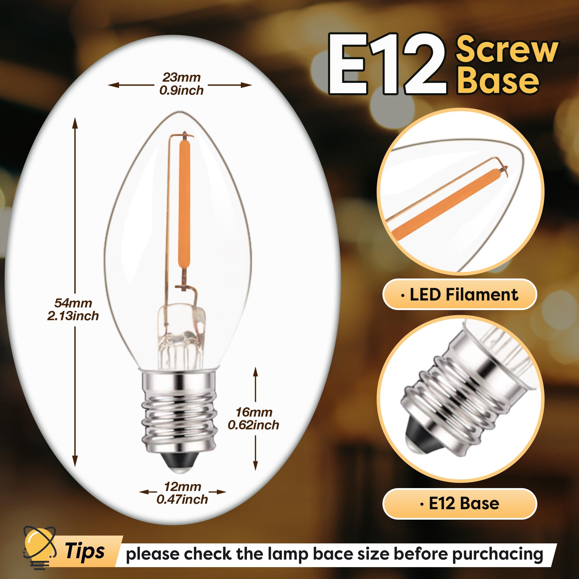 C7 Led E12 Candelabra Bulb Small Edison Candle Night Light Bulbs Salt Lamp Bulbs 0.5W Equivalent 5W 7W Warm White 2700K Clear Bu