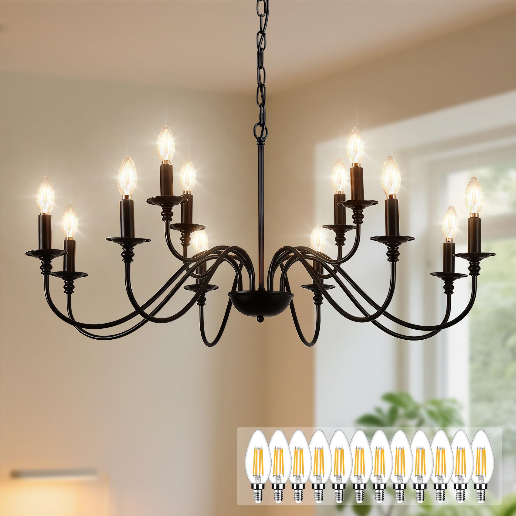 Depuley 12-Light Black Farmhouse Chandelier - Modern Metal Pendant Light for Dining Room, Kitchen Island, Foyer