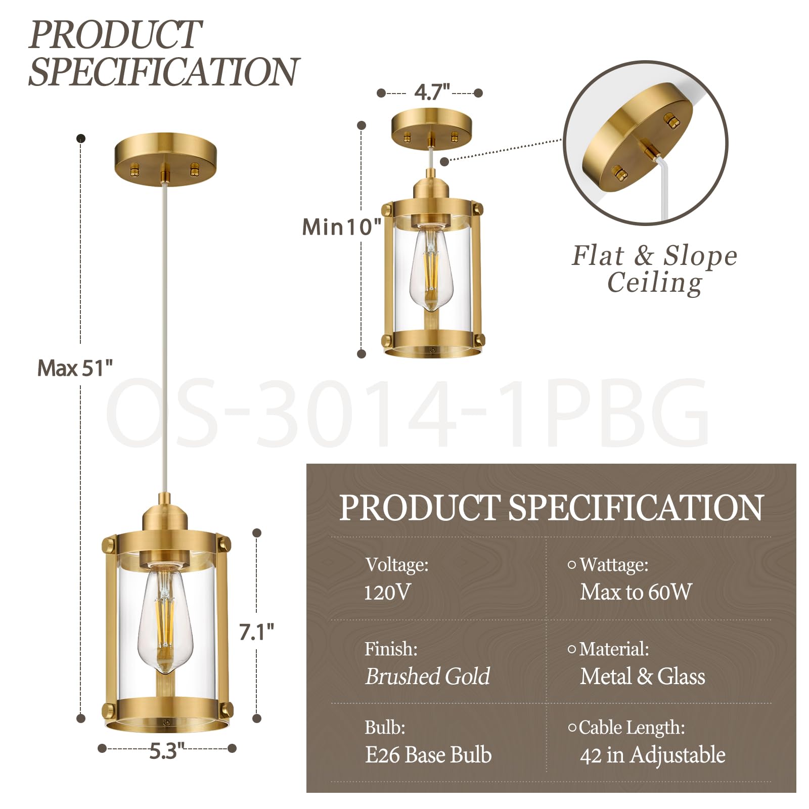 Osimir Brushed Gold Pendant Lights Kitchen Island, 1-Light Modern Brass Mini Hanging Light Fixtures With Clear Glass, Farmhouse