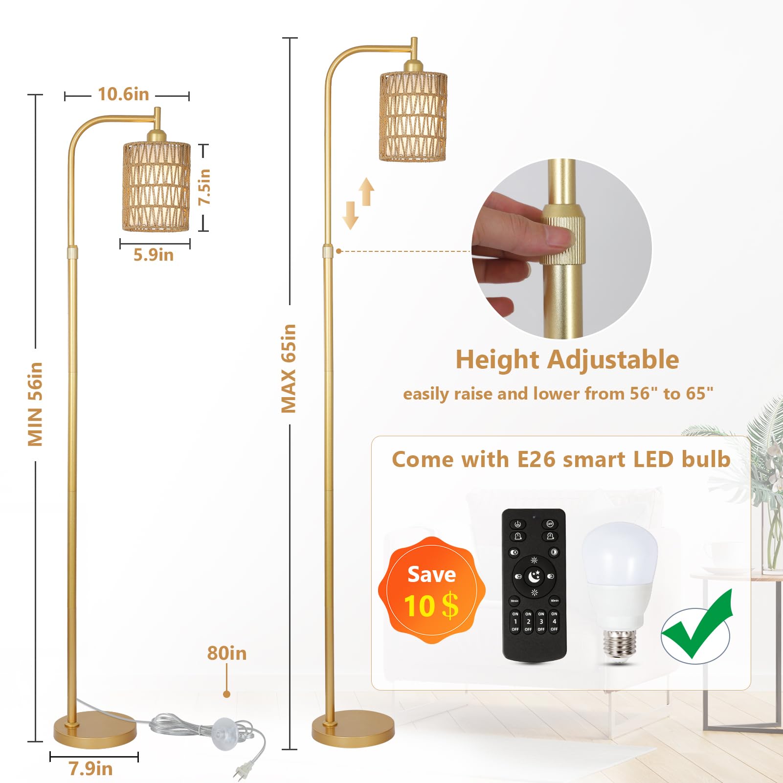 Lamsu Modern Gold Floor Lamps For Living Room, Boho Rattan Floor Lamp With Remote & Dimmable Led Bulb, Farmhouse Standing Lamp W
