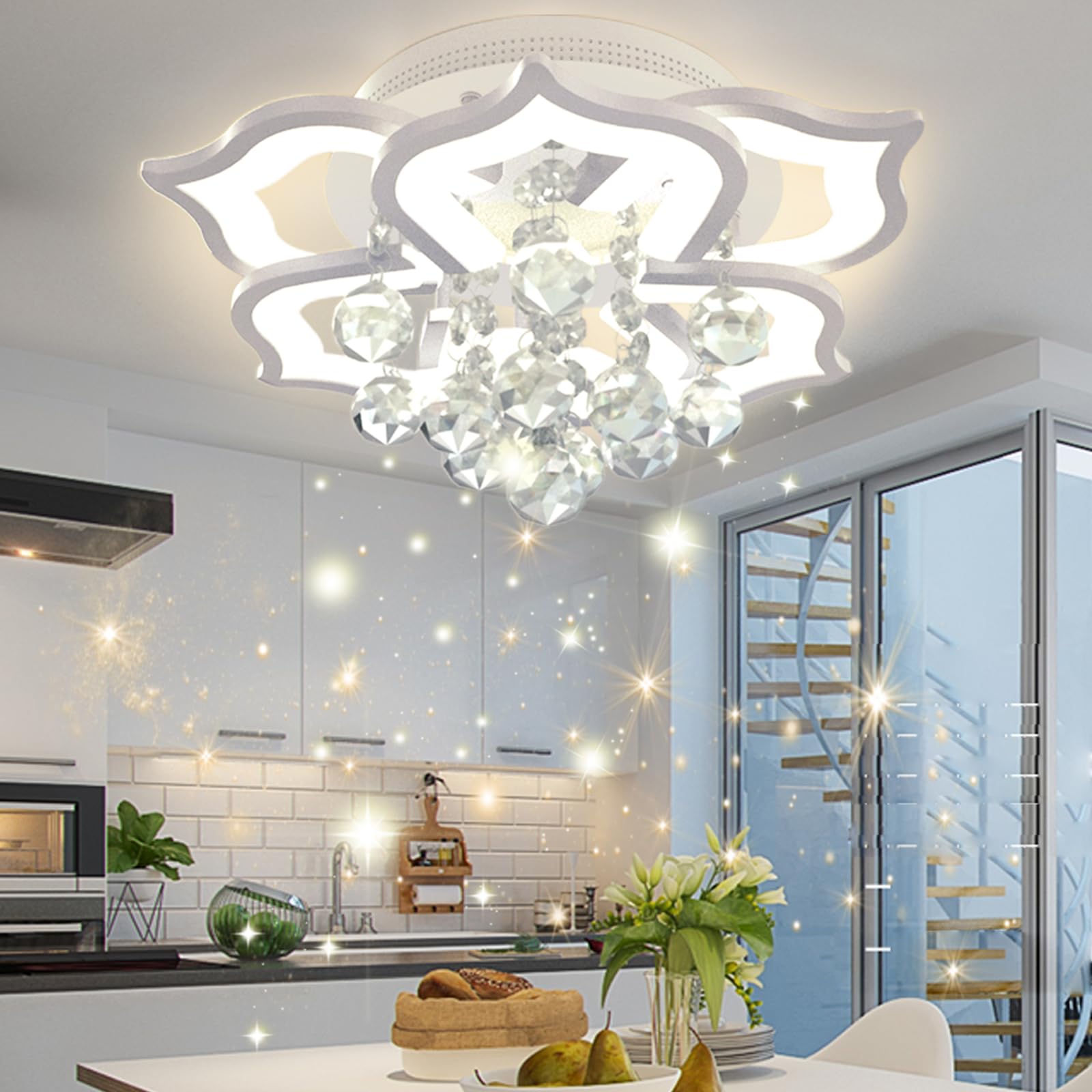 AHAWILL Modern Ceiling Light Crystal Flush Mount LED Chandelier Ceiling Flower Lamp with Remote Controlfor Living Room Bedroom Hall Dining Room Etc.19.7/24w/6 Heads