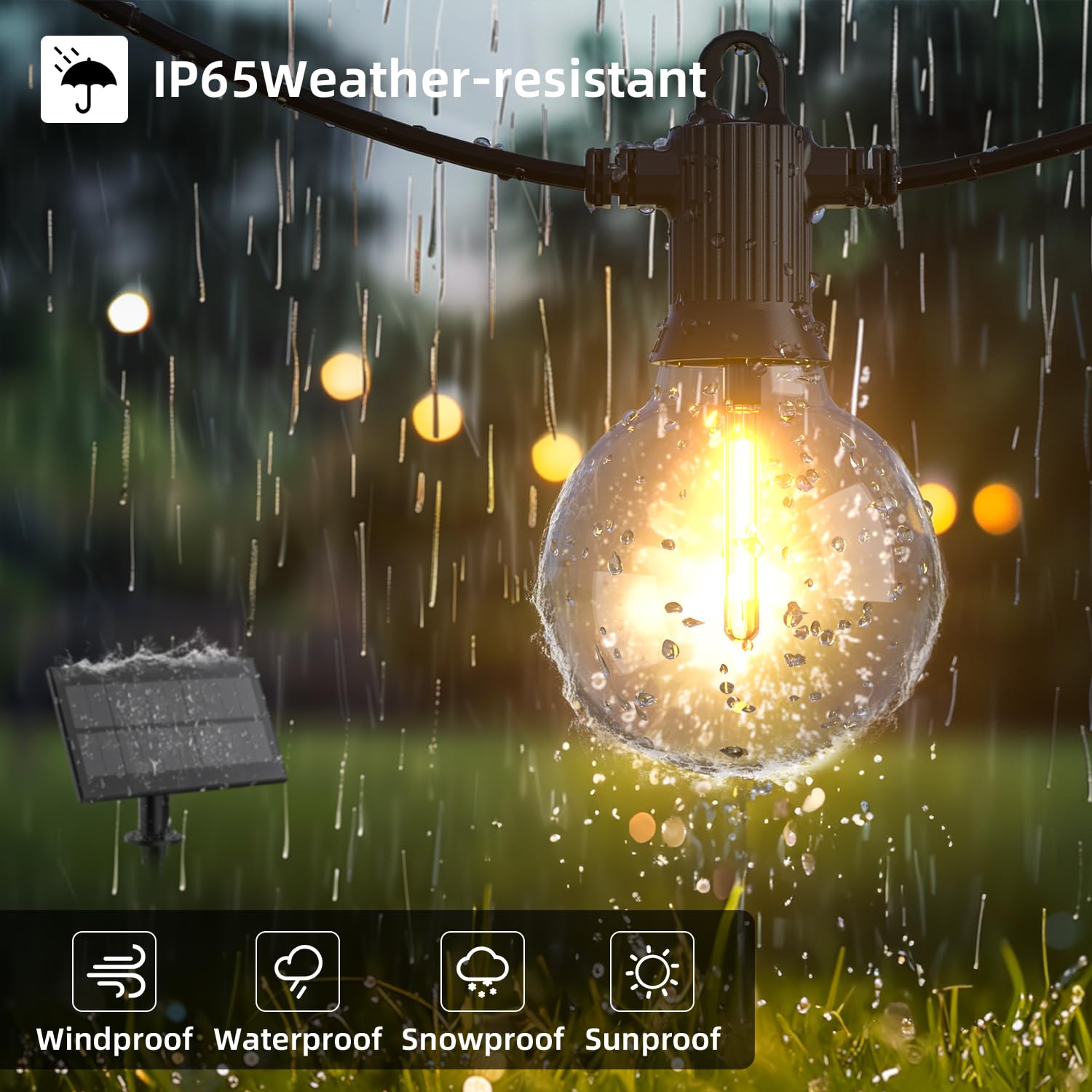 Kawaya Solar Powered String Lights - 100FT Outdoor IP65 Waterproof LED, Black, Shatterproof Edison Hanging Lights for Patio and Camping