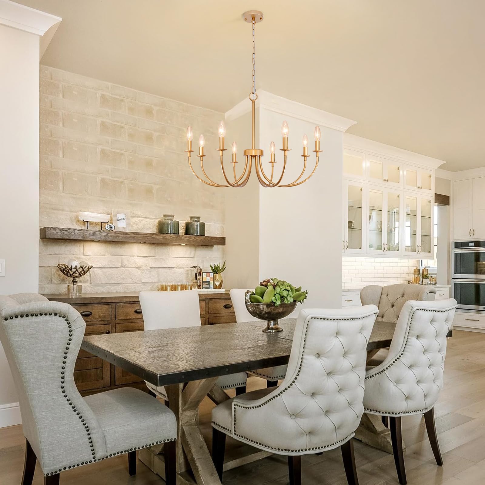 Farmhouse Chandelier For Dining Room, 8-Light 26'' Rose Gold Dining Room Light Fixture, Rustic Candle Chandeliers Vintage Modern