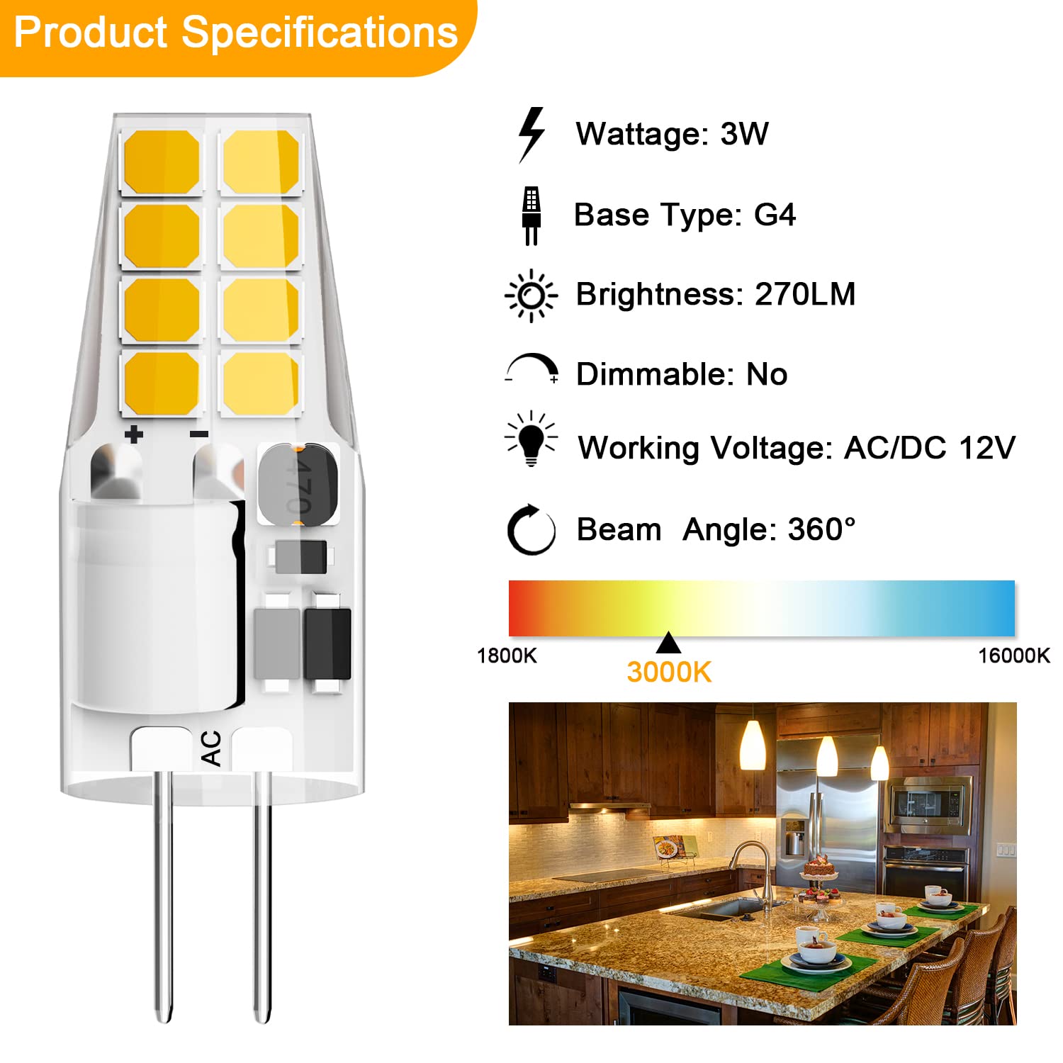 DUMILOO G4 LED Bulb T3 JC Bi-Pin Base 3W AC/DC 12V Warm White 3000K 20W-25W Halogen Bulb Replacement for Under Cabinet Puck Ligh