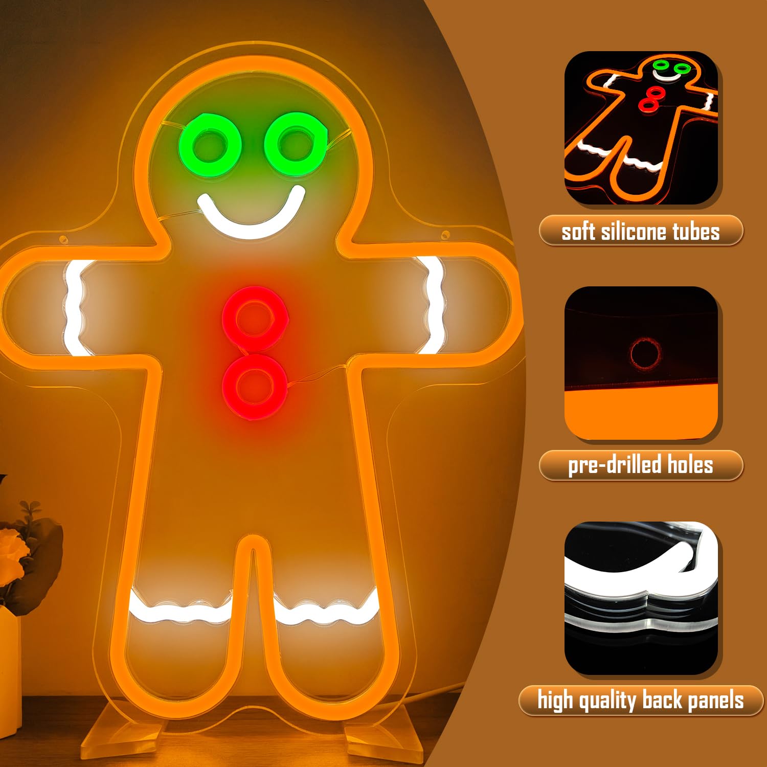 Geeinar Gingerbread Man Neon Sign - Dimmable LED Wall Decor for Christmas - Colorful Acrylic Light for Bedroom & Living Room