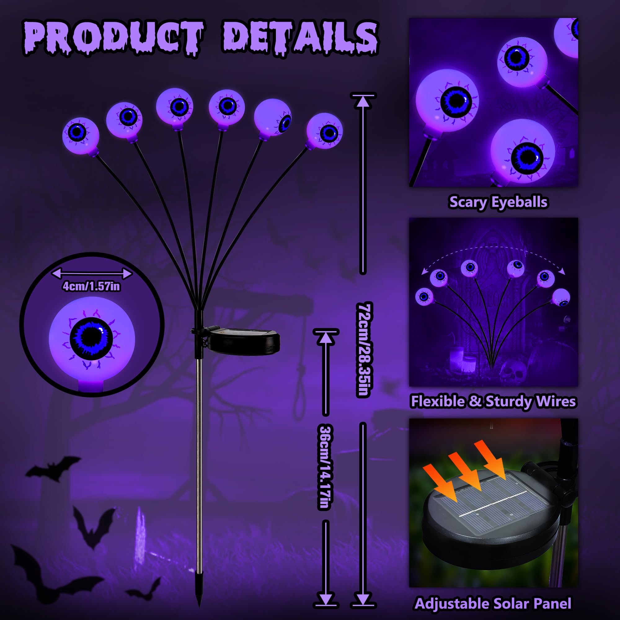 BrizLabs Halloween Eyeball Lights, 12 LED Solar Pathway Lights, 2 Pack, Purple, Outdoor Spooky Walkway Lighting