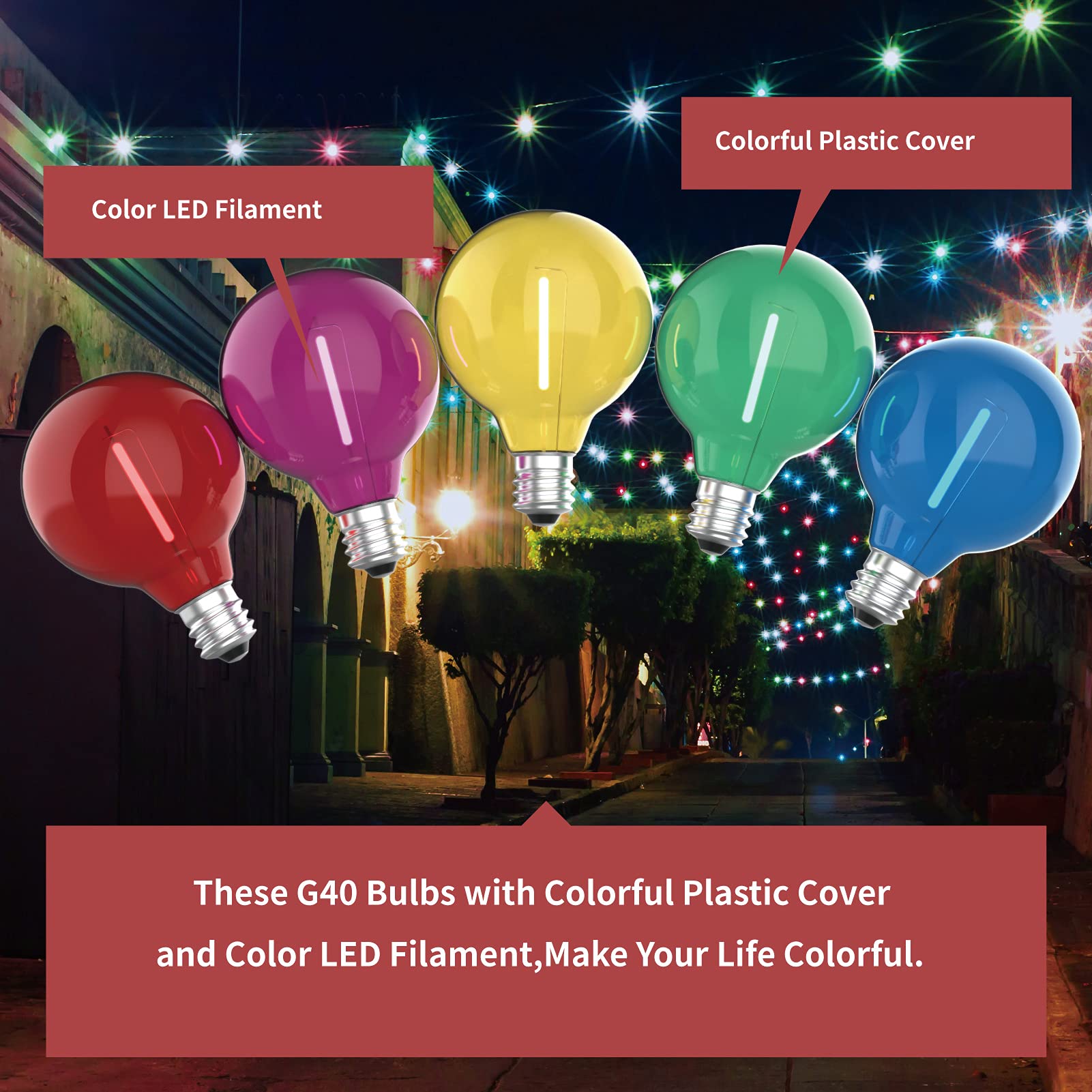 Meconard G40 Colored LED String Light Bulbs, Shatterproof, E12/C7 Base, 25 Count, Multi-Color (Red/Green/Blue/Orange/Purple)