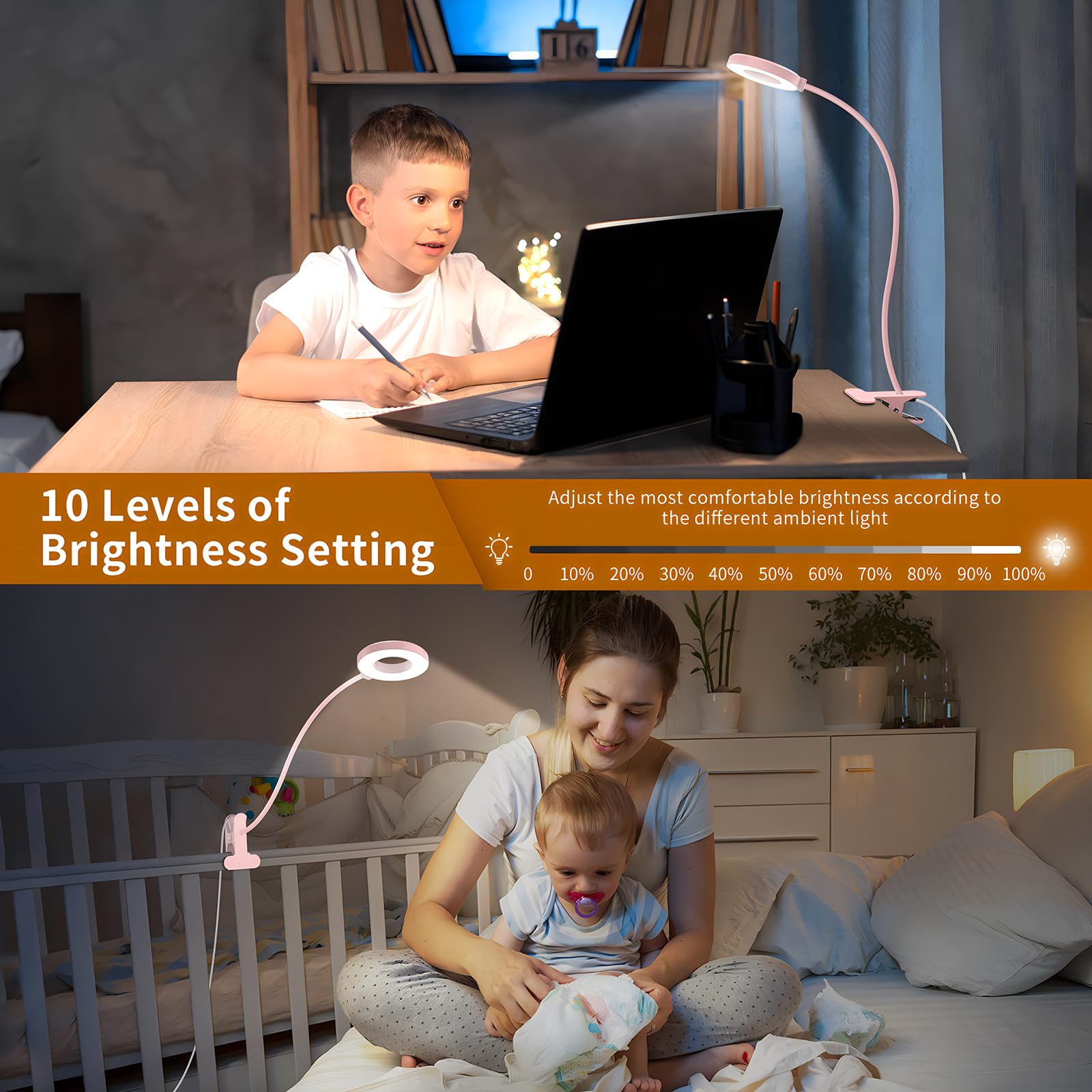 Izell Desk Lamp, Led Reading Light With Clamp, 3 Color Modes & 10 Brightness Flexible Gooseneck Book Light For Kids Reading Book In Bed At Night Clip On Table, Computer, Zoom Meetings - 27.6‘’ Pink