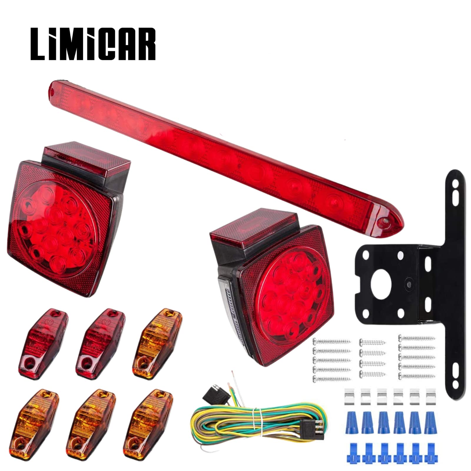 Limicar Trailer Lights, Stop Turn Tail Truck Trailer Light Kit & Trailer Wiring Harness Kit, Red Amber Trailer Marker Lights, 3Rd Brake Id Light Bar, Taillights For Vehicles Camper Snowmobile Rv