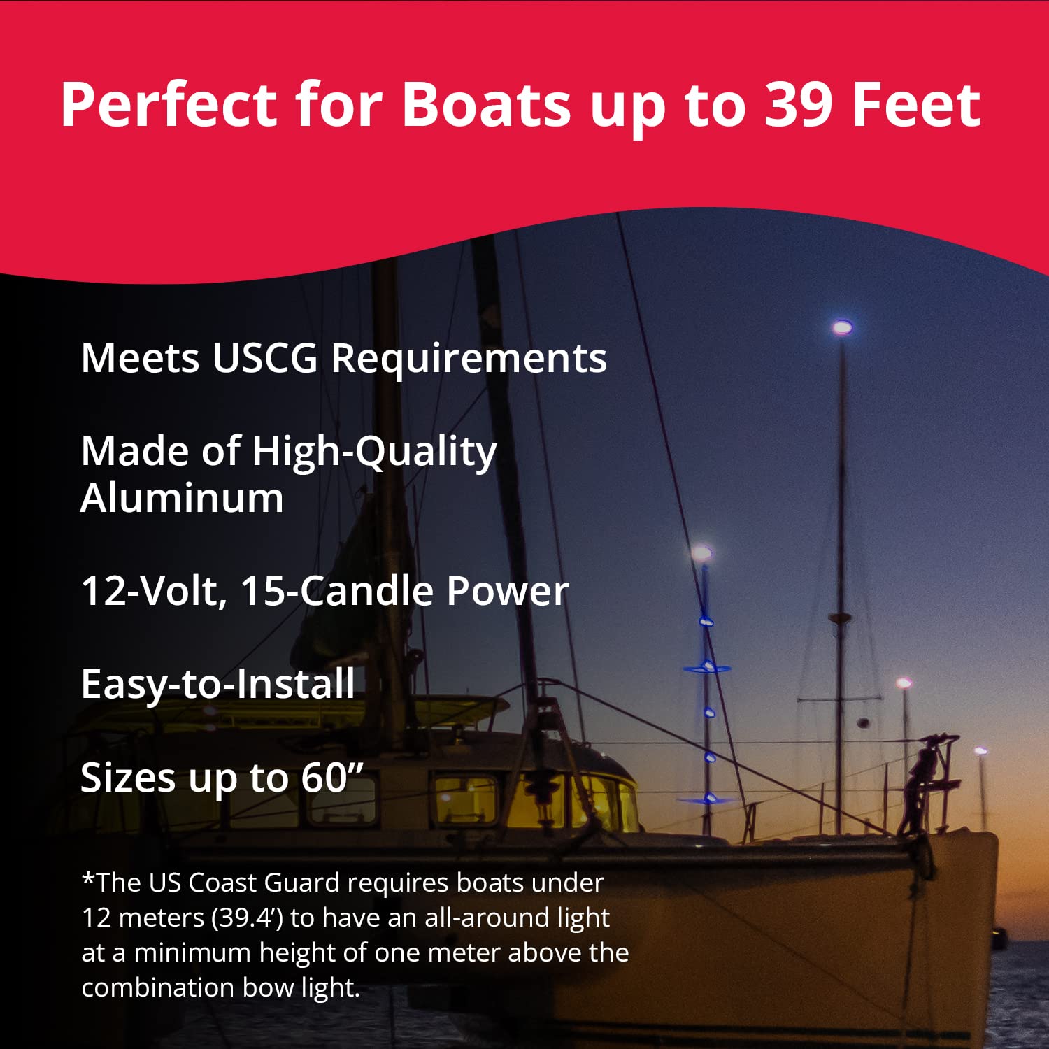 Seasense 26”- 48” Telescoping All-Round Stern Light - - 2 Nautical Mile Range - Adjustable, Stowable Chrome Light For Boats, Kayaks, Canoes & Pontoons Up To 39 Feet - Meets Uscg Requirements