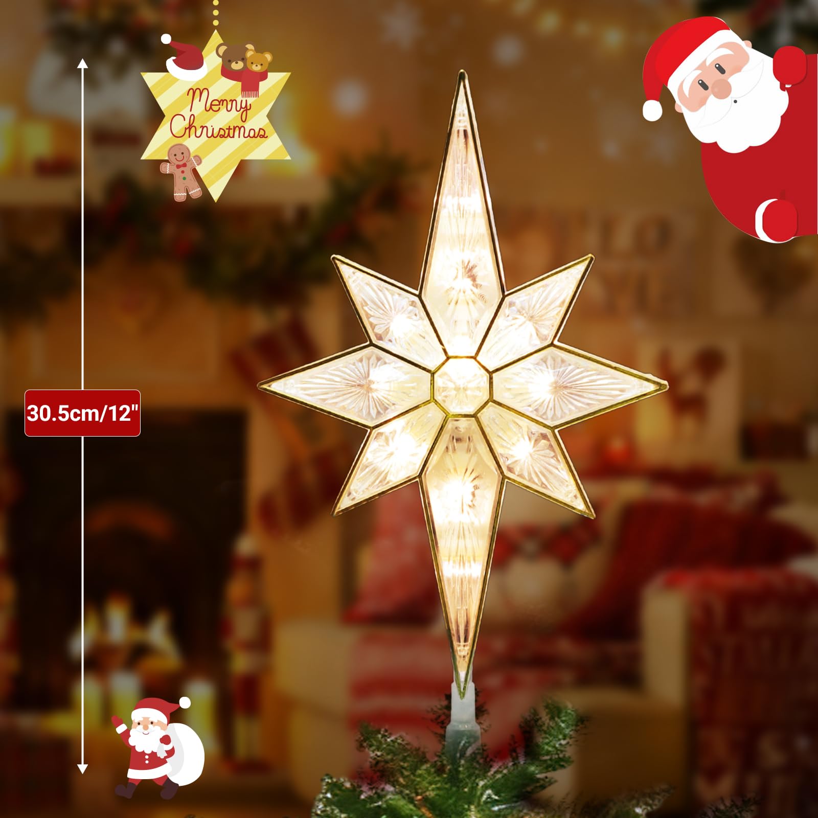 LAMPHOME 12in Lighted Christmas Tree Topper, Warm White Bethlehem Star, Model YHL-11A/1S-F-122, Acrylic
