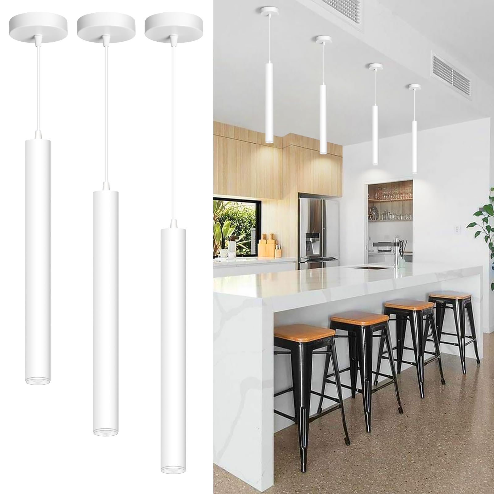 OKELI White Pendant Lights, Modern Pendant Light Fixture, LED Minimalist Strip Pendant Lighting for Kitchen Island Bar,15inch,40