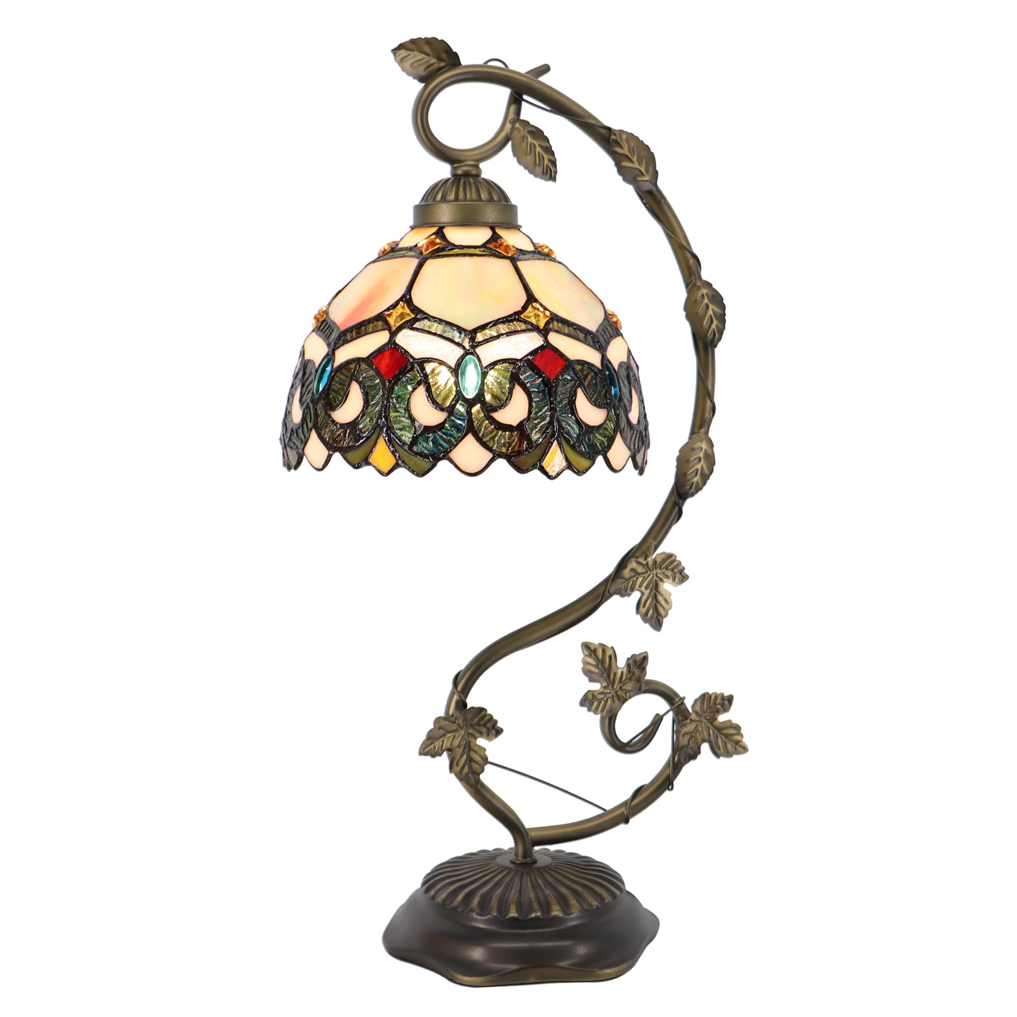 HWDFEI Tiffany Table Lamp, Stained Glass Desk Reading Light,Metal Leaf Table Lamp Base 8X10X21 Inches (Seven Color Baroque)